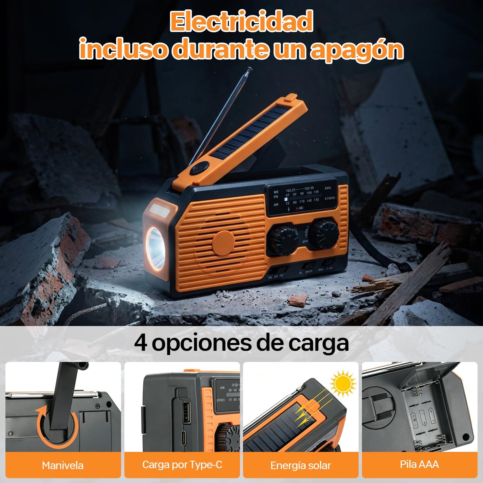 VHV Radio Manivela Solar Emergencia, Emergencia Portátil, Manivela Solar Am/FM/NOAA, Batería Power Bank 5000mAh, Radio de Supervivencia con Manivela, Linterna, Alarma SOS (Color)