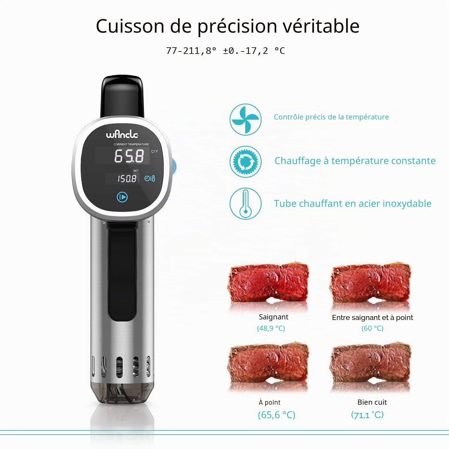 Cuiseur Sous Vide, Wancle Cuisson Sous Vide, 850 W, contrôle précis (+/- 0,1С), silencieux, fonctionnement à une main