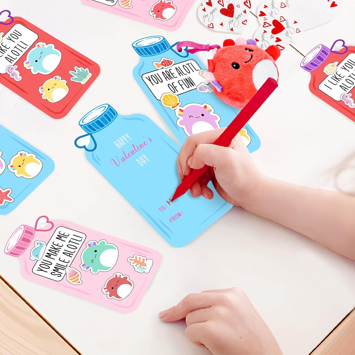 ORIENTAL CHERRY Valentines Day Gifts for Kids - 24 Pack Axolotl Plush Toys Keychains with Valentine Gifts Cards for Boys Girls Toddlers Friends Classroom School Exchange Party Favors - Image 7