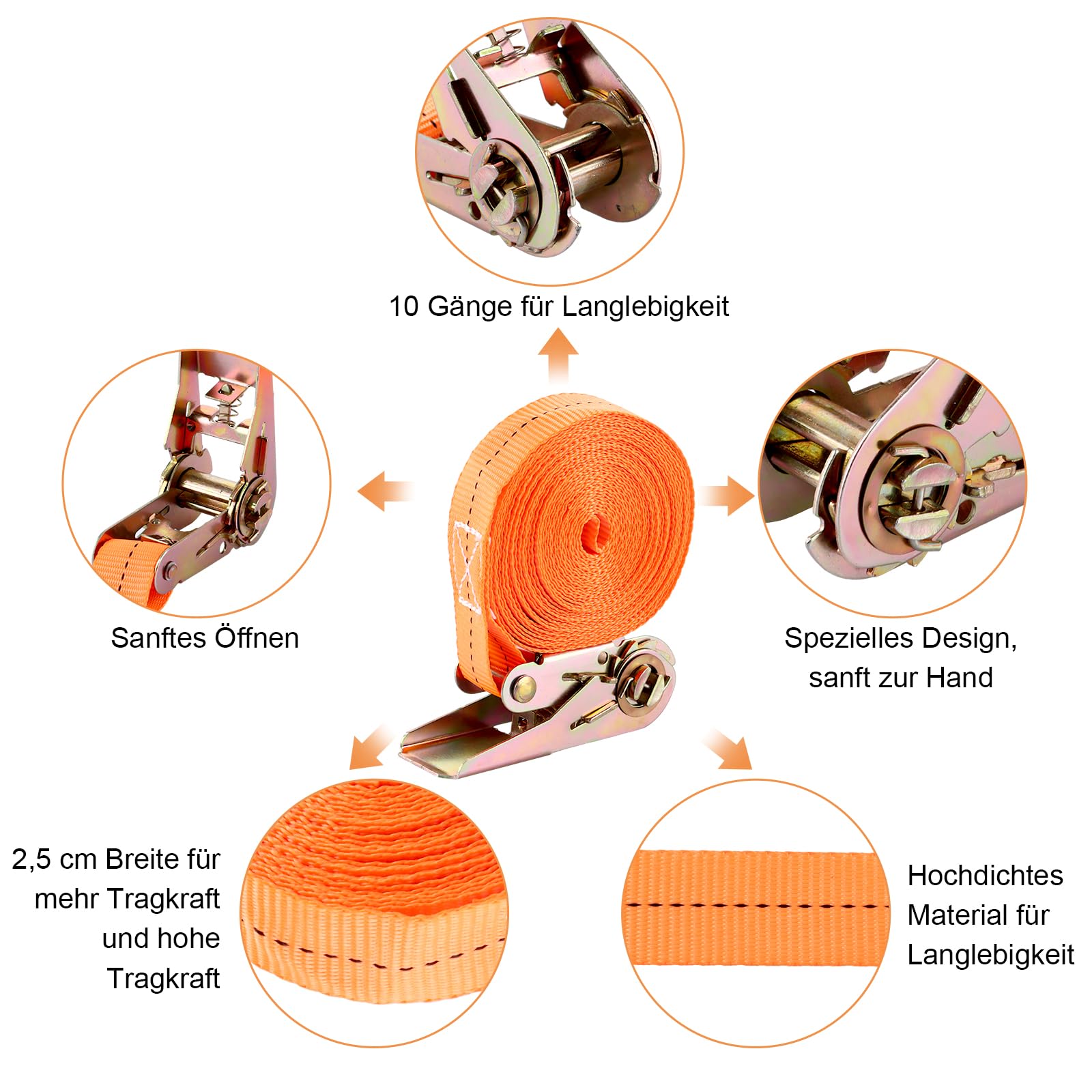 YOUNTHYE 10 Pièces Sangles d’Arrimage à Cliquet 6 m x 25 mm, Sangles de Serrage Orange sans Crochet, Boucle en Alliage de Zinc pour Moto, Remorque, Voiture, Bagages, Toit de Voiture et Déménagement