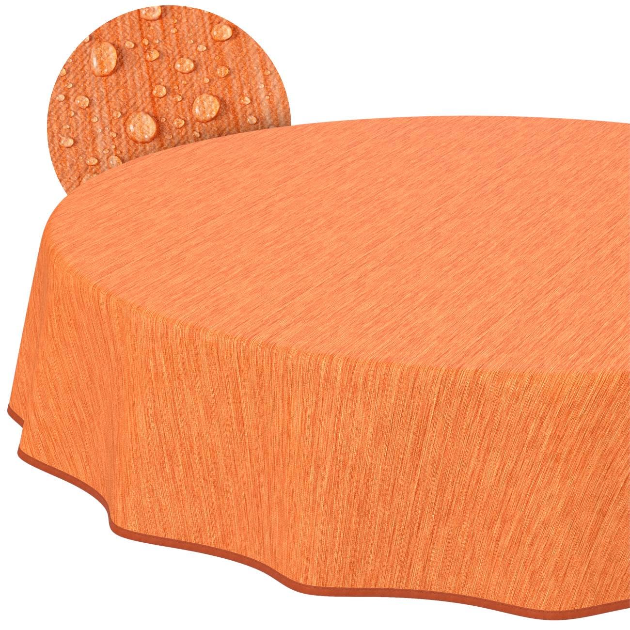 Washable Oilcloth Tablecloth Garden Tablecloth Linen Look Easy Care Water-Repellent 140 cm (Round) Orange with Hem