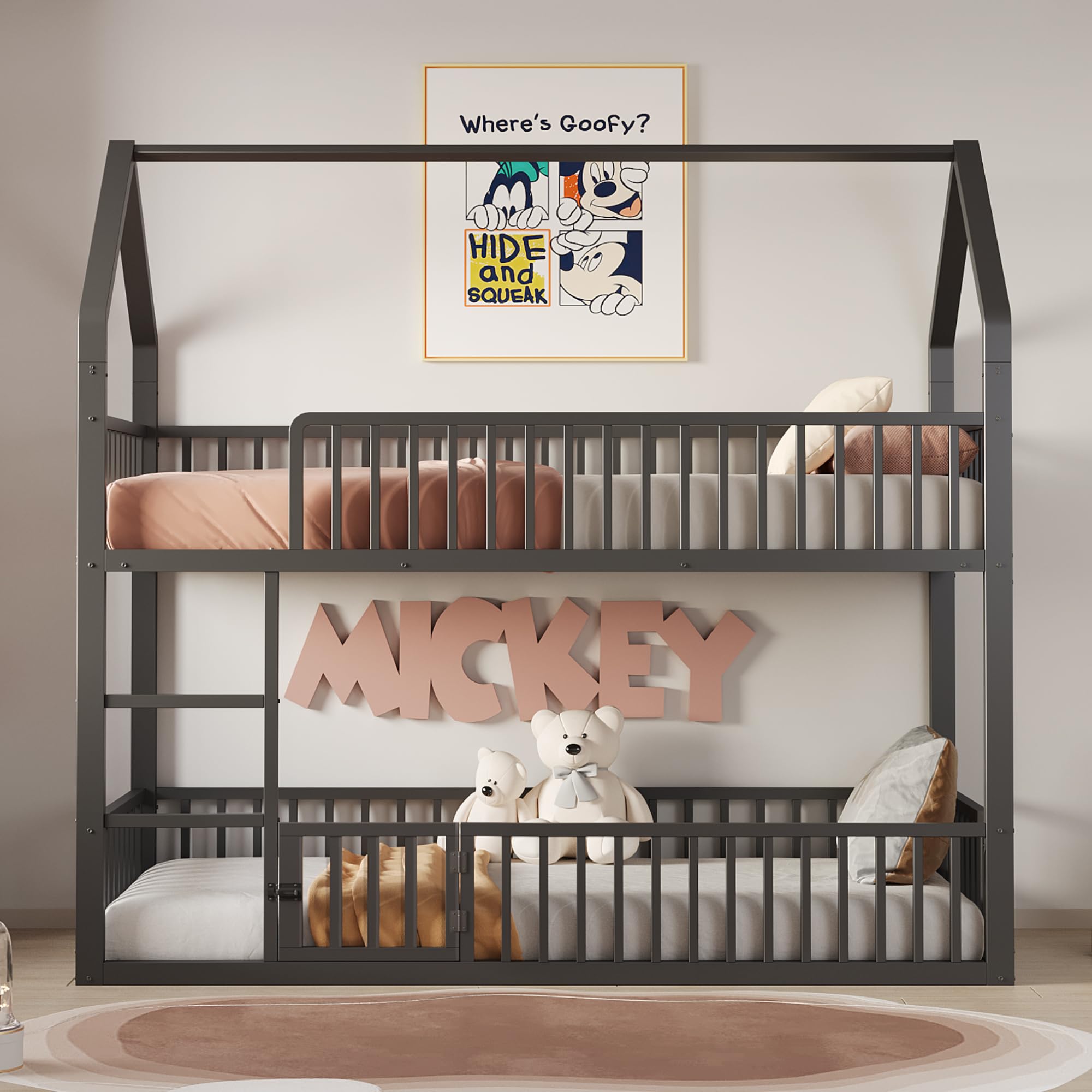 Letto a castello per bambini a forma di casa 90x200 per 2 bambini, lettino in metallo con scala e griglia di sicurezza, letto inferiore con porta piccola per aprire e chiudere (nero, 90x200)