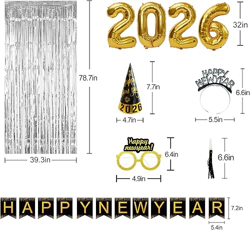 Miniatura 4 de Suministros para fiesta de Año Nuevo 2026 – Kit de decoración de feliz año nuevo – Juego de 50 unidades incluye pancarta, sombreros, cinta, gafas,