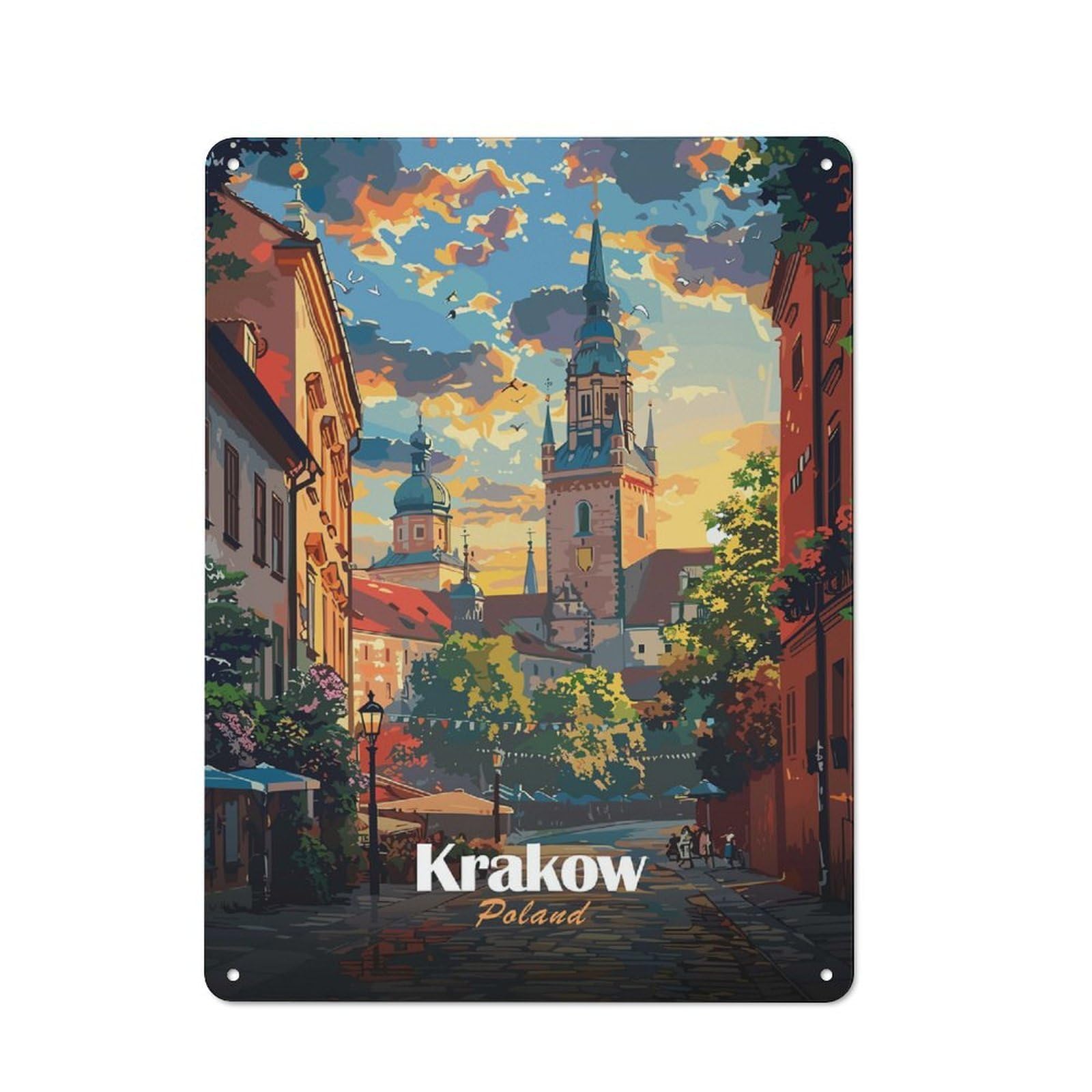 Junmoney Style-20 Krakow, Poland Cityscape Illustration Cafe Metal Sign 40X30cm, Vintage Restaurant Wall Art For Tea Room, Shop Wall Or Breakfast Area