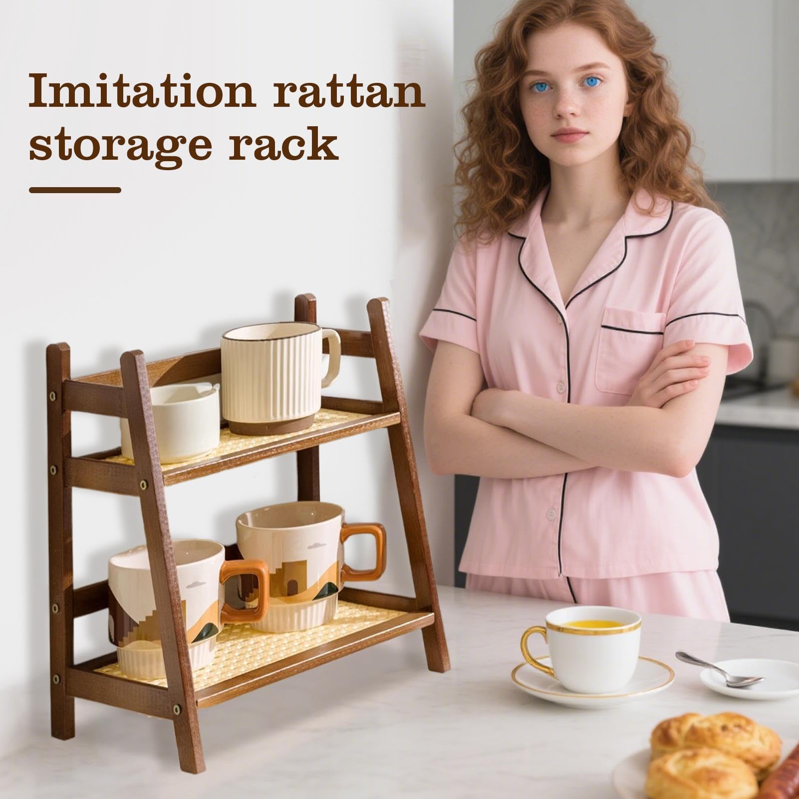 Organisateur De Tasses 2 Niveaux Style Rotin Synthétique - Support Rangement Multifonctionnel Pour Mugs, Bureau, Bar à Café Et Cuisine