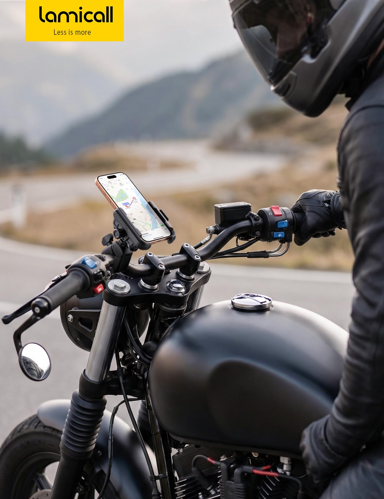 Lamicall Support Téléphone Moto, Porte Téléphone Vélo – [Ne Bloque Pas la Caméra] [Double Amortisseur] 1S Verrouillage, 360° Rotation, Support Guidon Universel pour iPhone et Autres 6-7,2" Smartphones