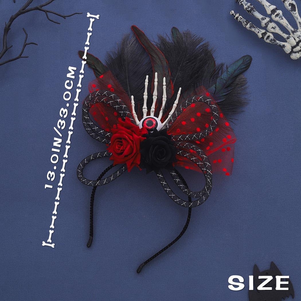 Formery ハロウィン フラワー ベール リボン ヘッドバンド ローズフェザー アイボール ヘッドピース スケルトン 手 ゴシッ