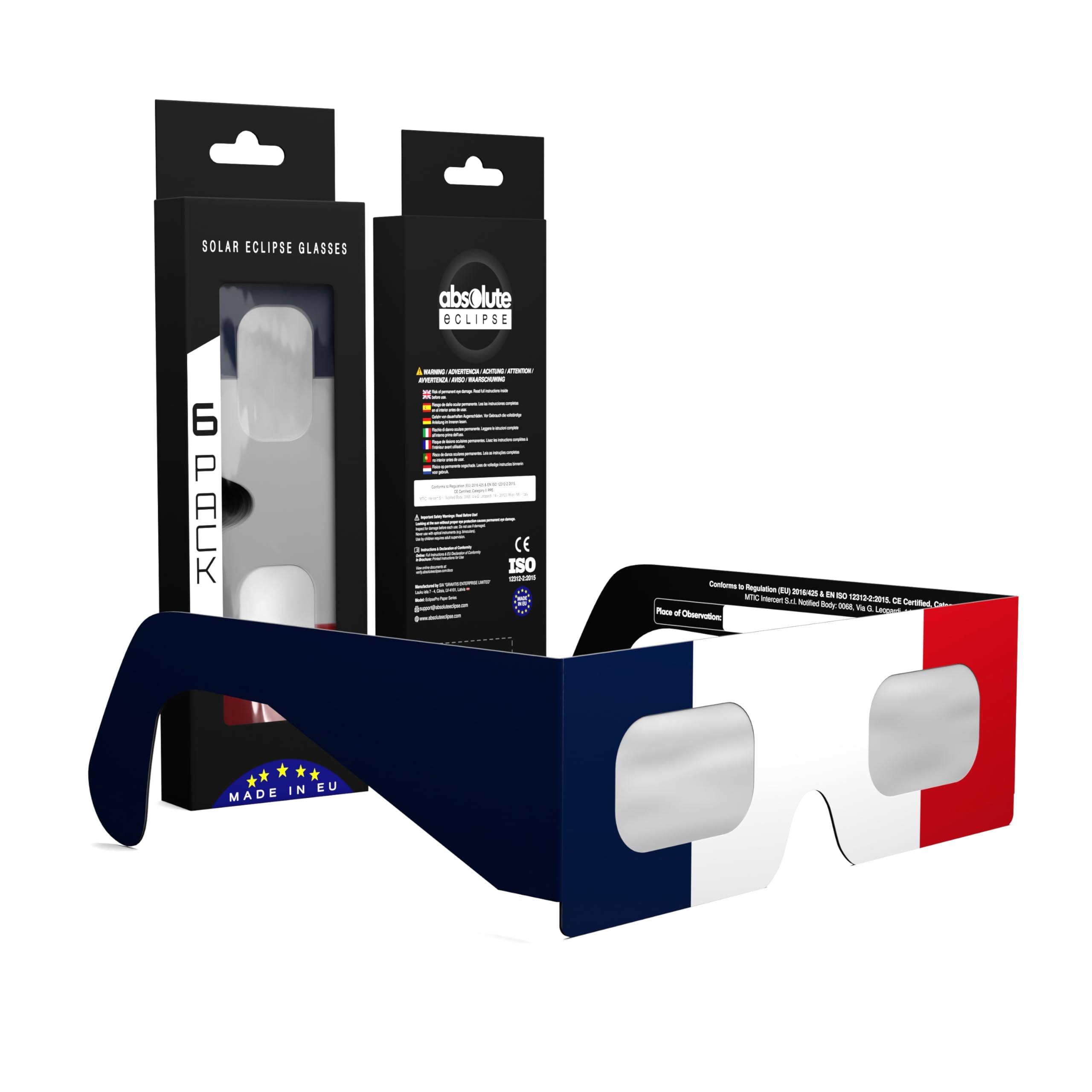 Solar Eclipse Glasses ISO 12312-2 CE Certified | Safe Solar Viewing Glasses UK | Paper Cardboard Frame | Total Solar Eclipse August 2026 | Made in EU | 6 Pack | FR