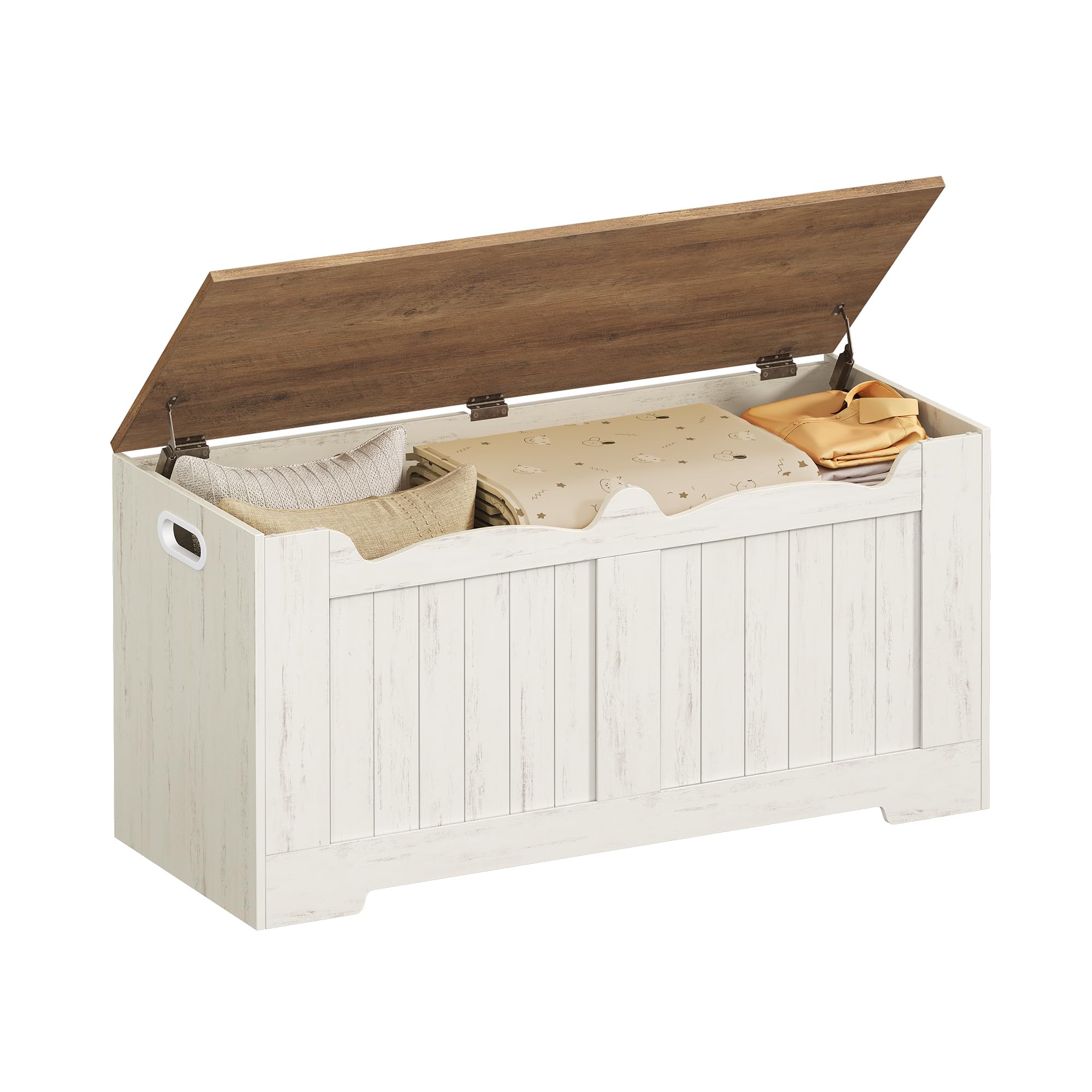 Hzuaneri Coffre de Rangement, Banc de Rangement, Banc à Chaussures, 2 Charnières Stables, 40 x 100 x 48 cm, pour Entrée, Chambre, Salon, Blanc Marron SB01014B