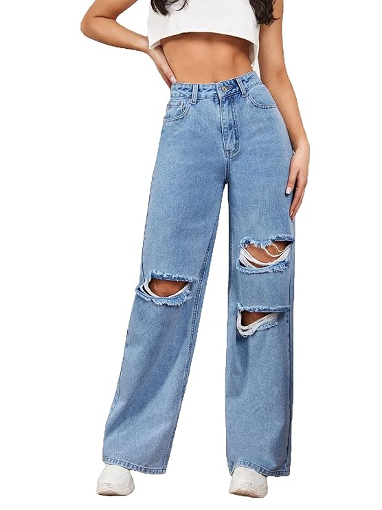 Aahwan Women's & Girls' Solid Ripped Denim High Waist Wide Leg Jeans Pants