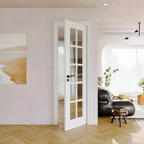 24" x 80" Clear Glass Slab Door, 10-Lite Glass French Interior Door, Pre-Finished Paintable Single Panel for Living Room Pantry Laundry Closet as Prehung, Pocket, Bifold Barn Doors-Shaker w/o Hardware - 24'' x 80'' - Singe Door