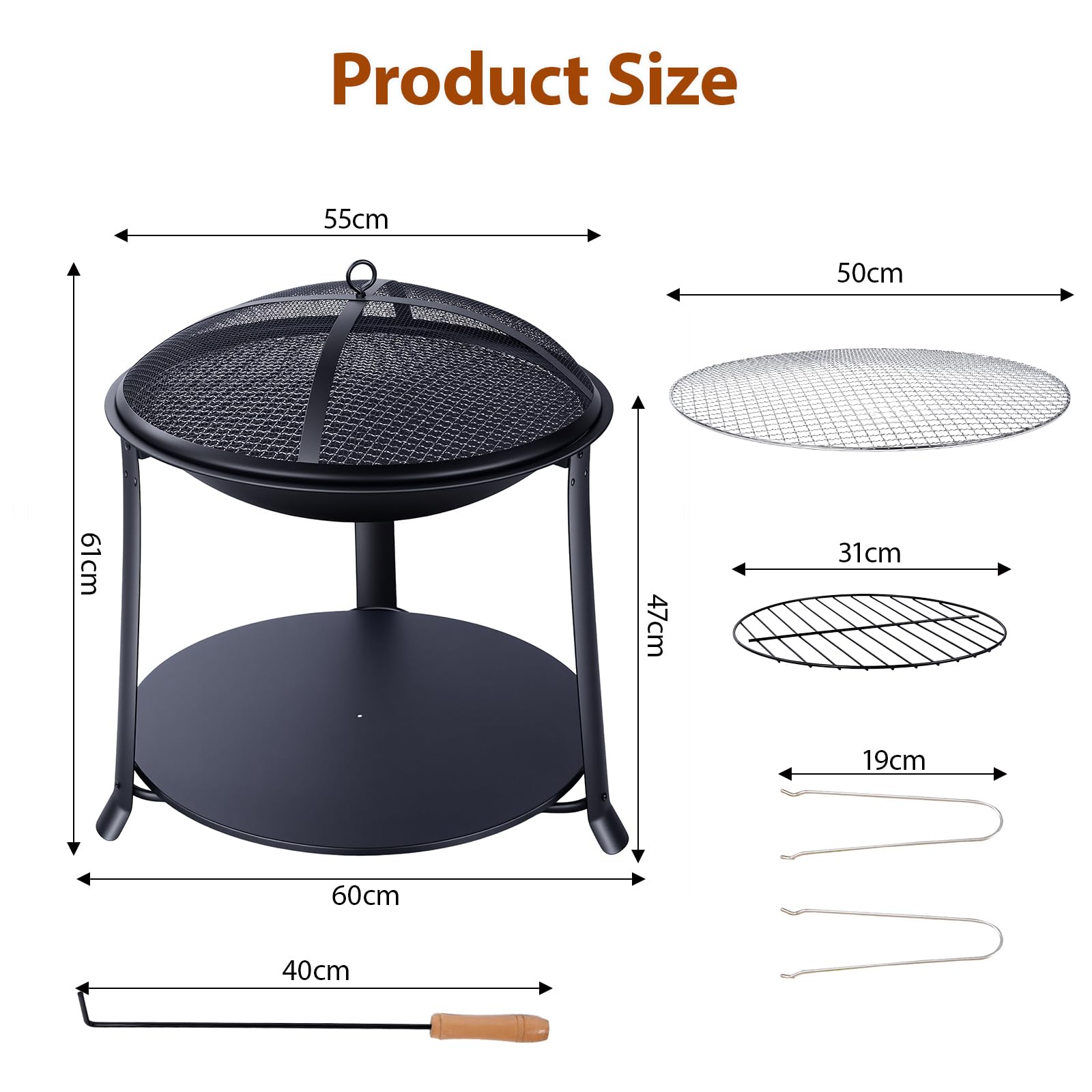 Brasero Exterior con Parrilla y Protector Antichispas, Estufa Jardín y Terraza, Jardín Chimeneas de Hierro para Carbón Ø 55 cm