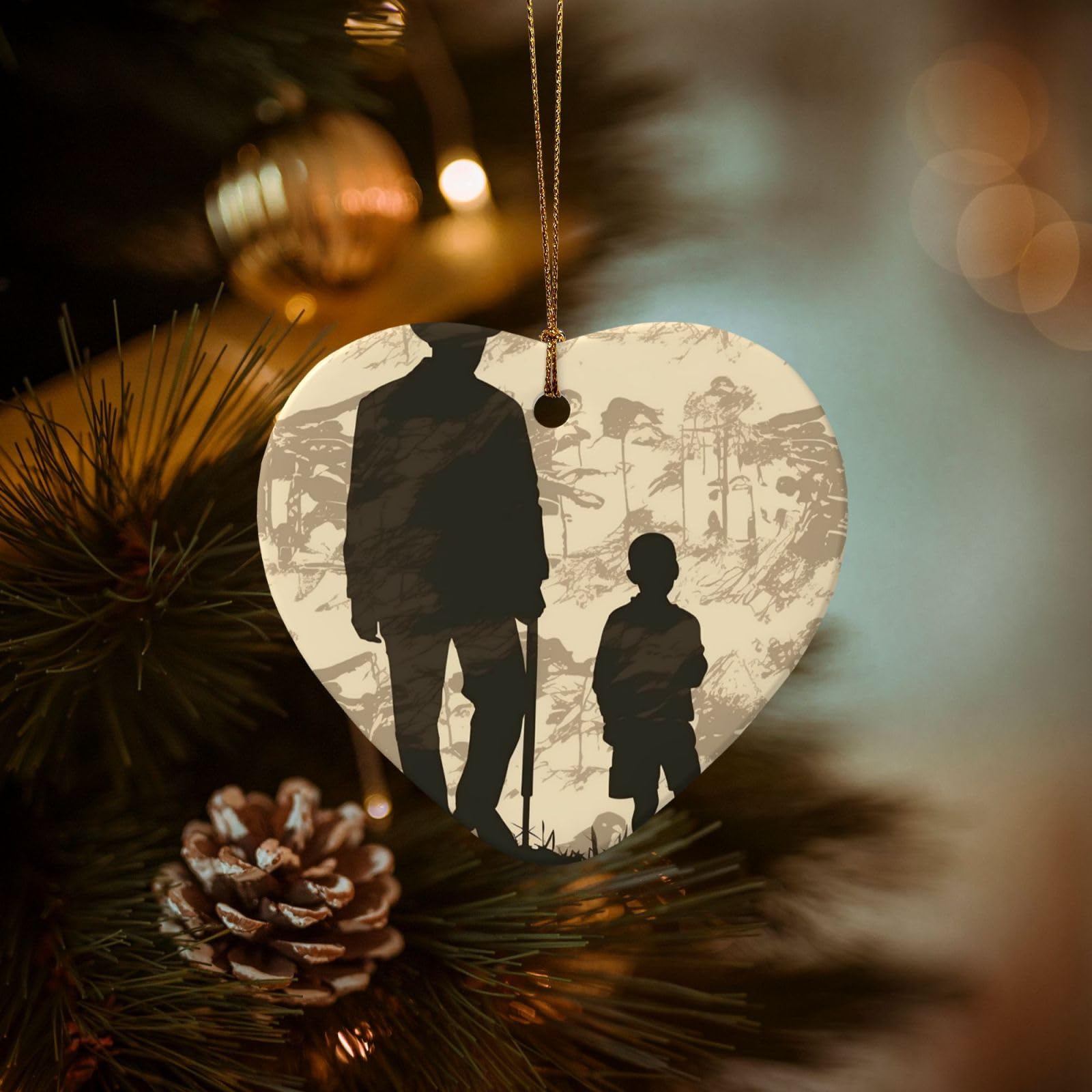 Christmas Tree Ornaments Ceramics Christmas Decorations Son and Father Silhouettes Ornaments with Gold Ribbon Porcelain Xmas Tree Crafts Heart Shape Hanging Pendant for Christmas Tree Party Decor