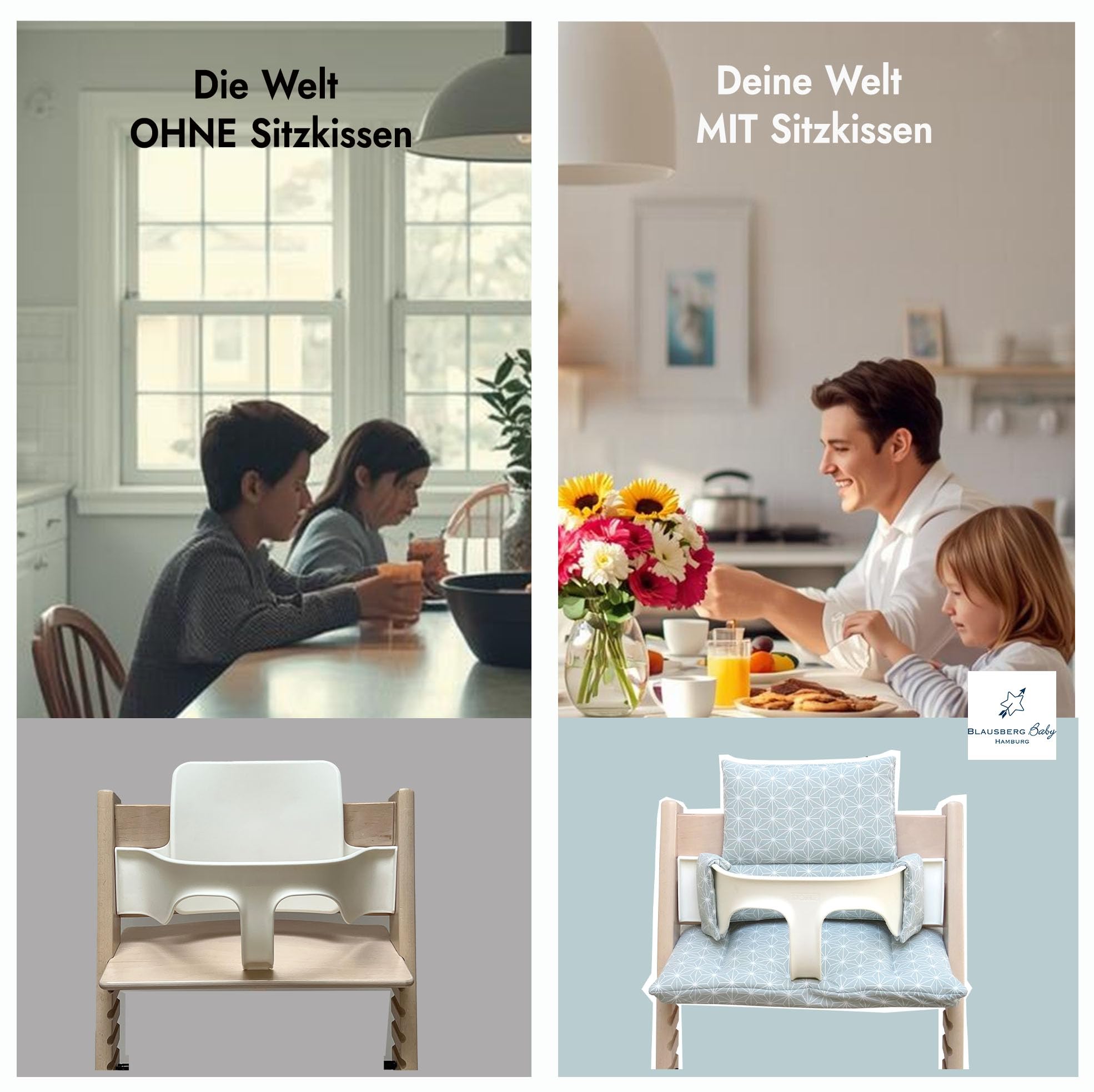 Blausberg Baby - Sitzkissen Set kompatibel mit Tripp Trapp® Stokke Hochstuhl Sitzkissen ABWASCHBAR Öko-Tex Baumwolle, 6 cm Sitzpolster nutzbar mit Baby Set & Holzbügel & Tray Table - Happy Star Grün
