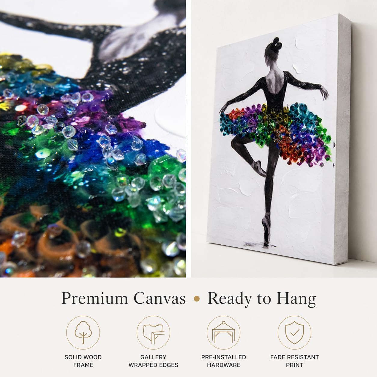 Artiluxy Ballet Dancer Canvas Wall Art Set of 3, 12x16 Inch Ballerina Prints with Rhinestone Accents, Ready to Hang Framed Wall Decor for Bedroom Dance Studio, Black White Modern Art
