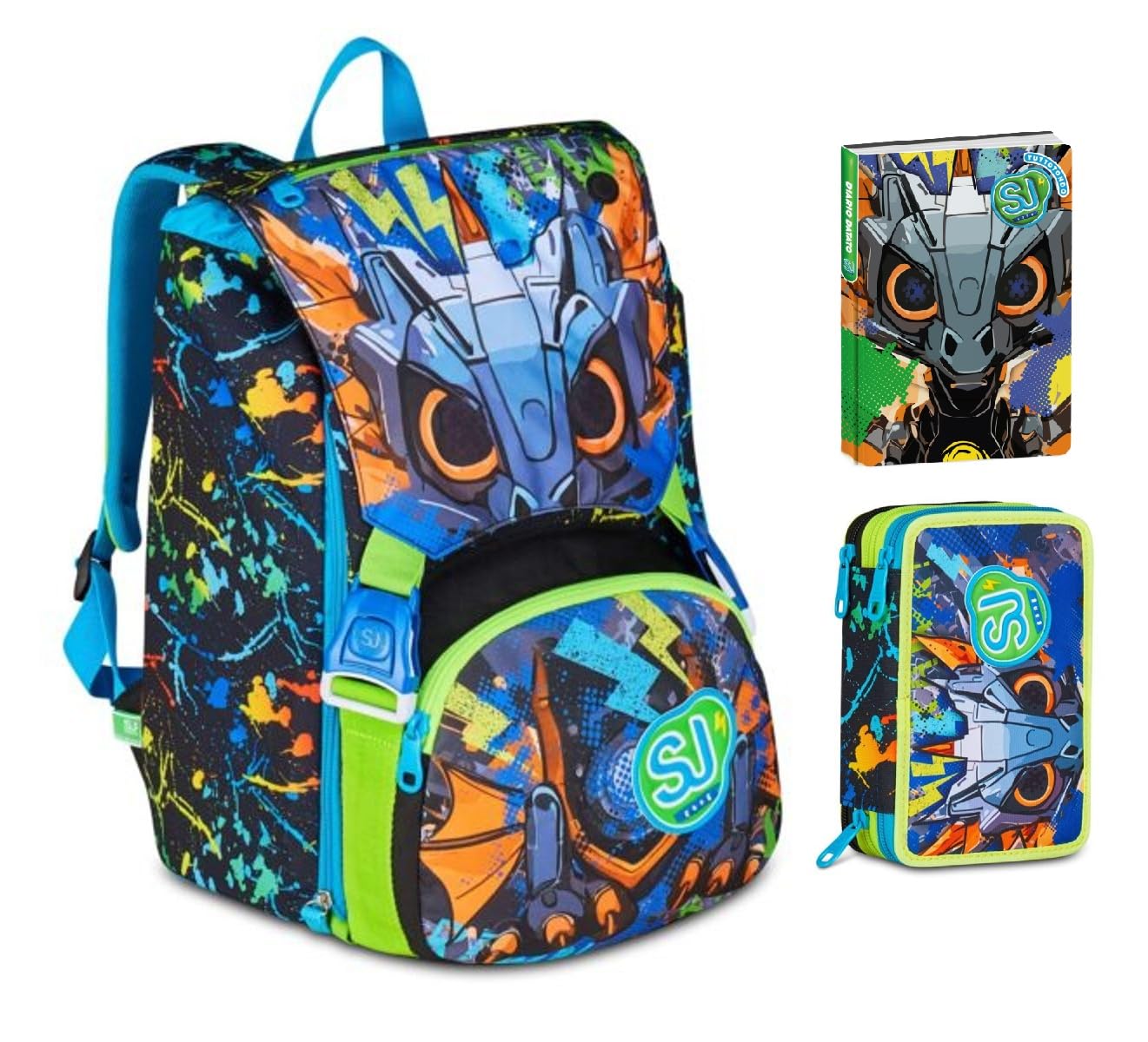Zaino Scuola Sj boy Led Look Drago estensibile By Seven per elementare Bambina + Astuccio 3 piani completo di cancelleria + Diario 2025/2026 + 7 penne a scatto e portachiave fischietto