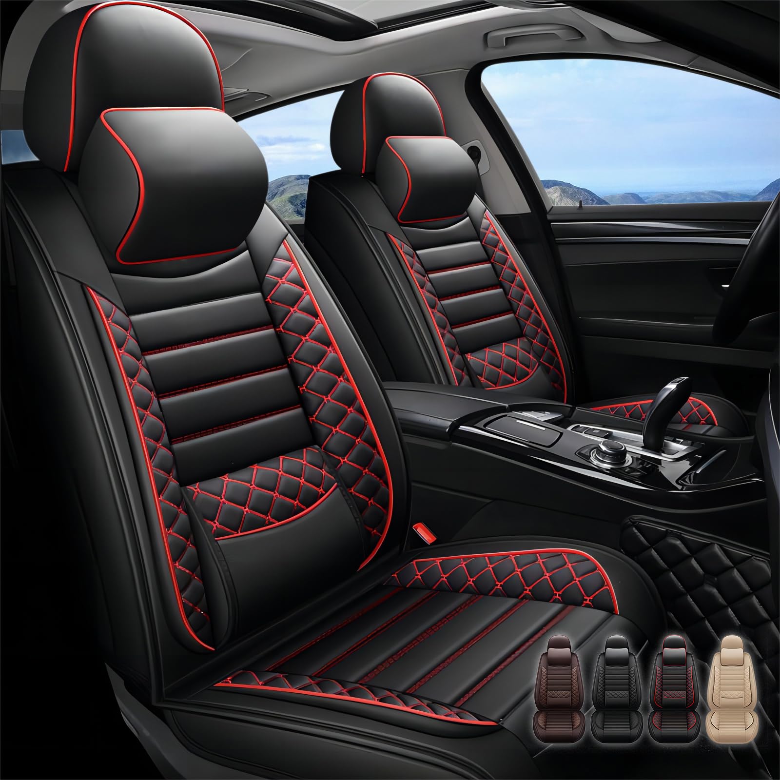 Photo 1 of ESDPAL 5 Seats Leather Car Seat Cover for Cars,Waterproof Breathable car seat Covers,Airbag Compatible seat Cover Cushions(Black&red,Full Set with Pillows) Full Set with Pillow Black&Red