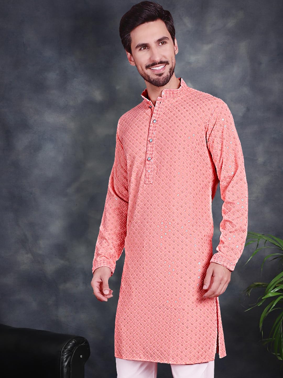Jompers Men's Peach Chikankari Embroidered And Sequence Kurtas (Peach, S)