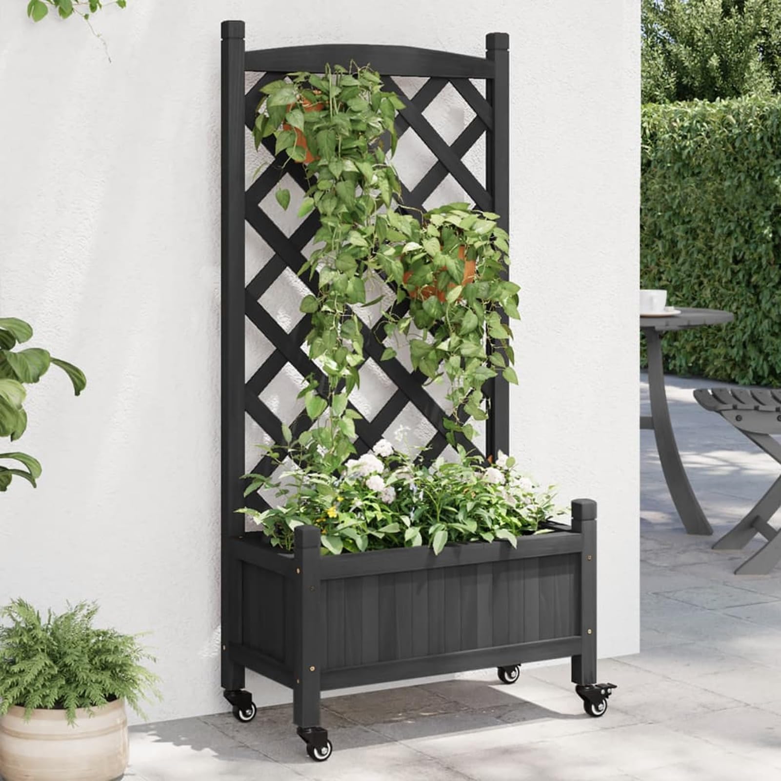 Homgoday Jardinera con celosía y ruedas negras de madera maciza de abeto, jardinera rejilla para jardín, jardinera de exterior, jardinera balcón YY