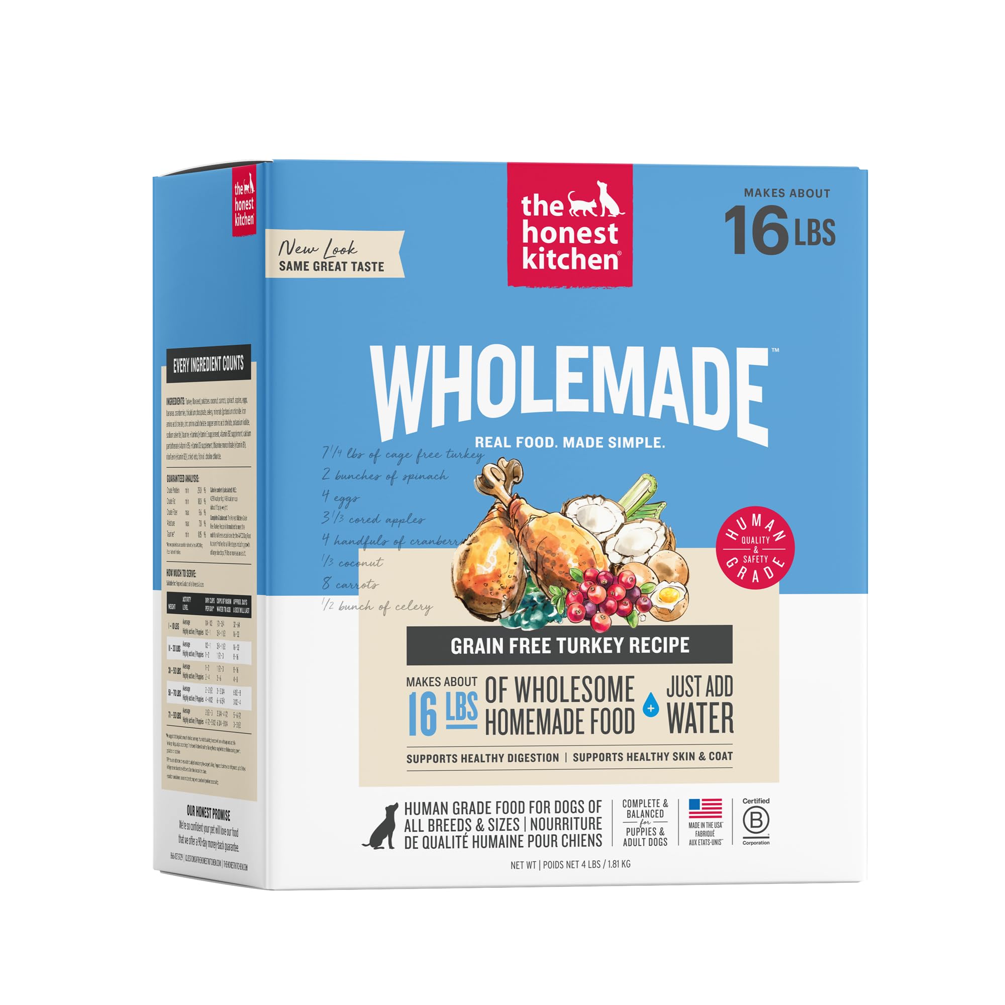 The Honest Kitchen Wholemade Grain Free Turkey Recipe, Human Grade Dehydrated Dog Food, Just Add Water, Supports Healthy Digestion, Skin &amp; Coat, Topper for Dry or Wet Dog Food, 4 lb Box Makes 16 lbs
