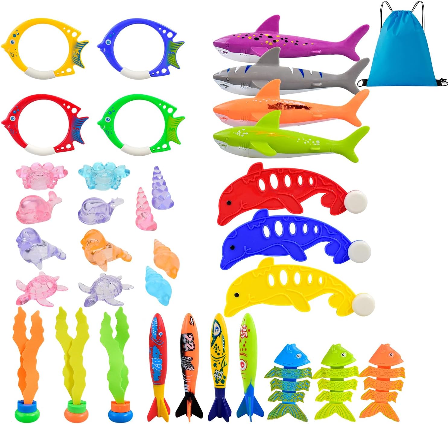 33 Pcs Diving Pool Toys for Kids Ages 3-12 Set with Storage Bag,Pool Games Summer Swim Water Fish Sinking Toys