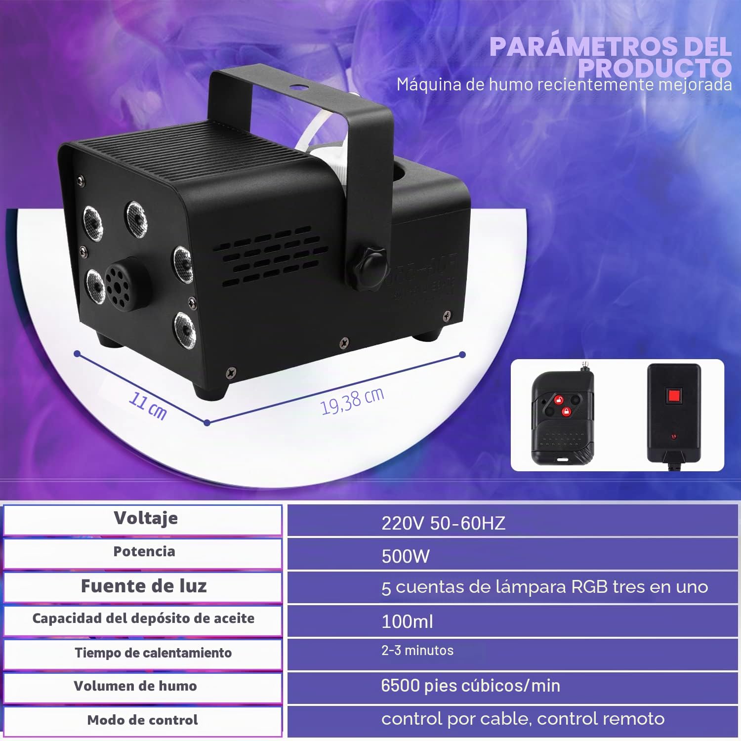 Máquina De Humo, Mini Máquina De Humo de 500 W con 5 Luces LED, Máquina De Humo con Efecto RGB con Control Remoto Inalámbrico para Fiestas De DJ,Presentaciones en El Escenario y Halloween/Navidad