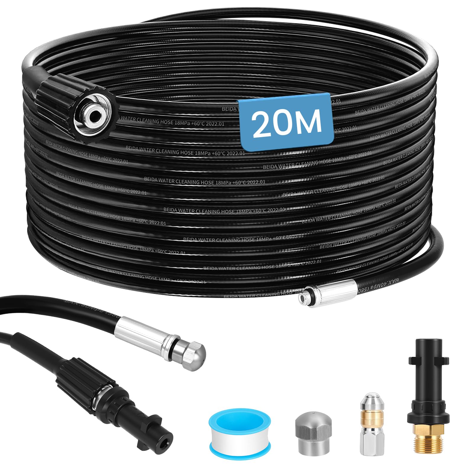 Tuyau Déboucheur Canalisation pour Nettoyeur Haute Pression 20m, 400 Bar/5800 PSI, avec Buses à Jet et Rotative,Compatible avec Karcher K2 K3 K4 K5 K6 K7 Lavor Bosch pour débouchage des tuyaux