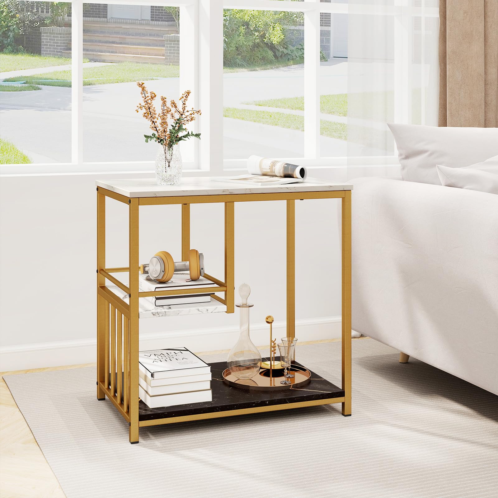 LIFEZEAL Tavolino Laterale da Divano a 3 Ripiani, Effetto di Marmo, Oro+Bianco, Tavolino Lato da Salotto Piccolo, Tavolino da Caffè, Decorativo, Moderno, Salvaspazio, Soggiono, Max 80kg, 60x40x60,5 cm