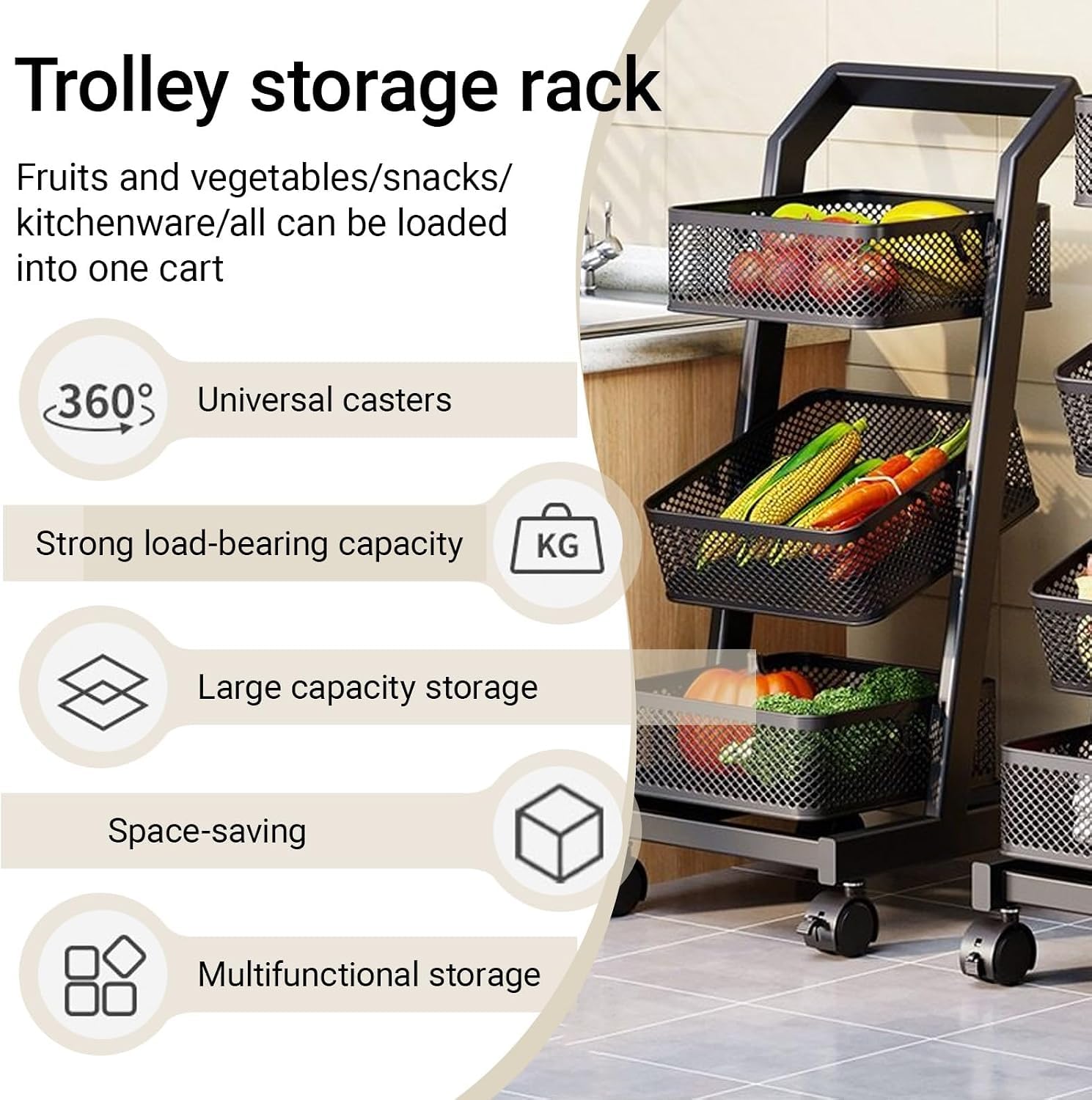 KEhtu Estantería Móvil Multinivel para Frutas Y Verduras con Ruedas, Organizador De Aperitivos De Pie con Cestas, Carrito Rodante De Supermercado con Estantes para White 3-Tier-35.5x40.5x96cm