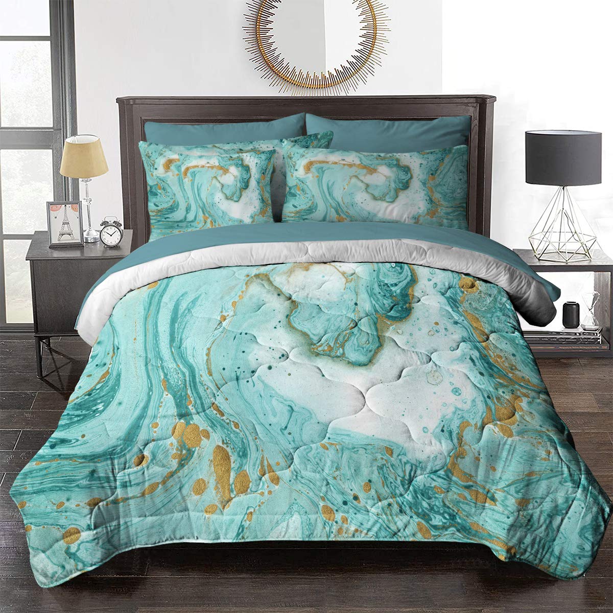 BlessLiving 8 Piece Marble Bed in A Bag Full Size Complete Set - Turquoise Chic Girly Gold Marble Bedding - 1 Comforter, 2 Pillow Shams, 1 Flat Sheet, 1 Fitted Sheet, 1 Cushion Cover, 2 Pillowcases