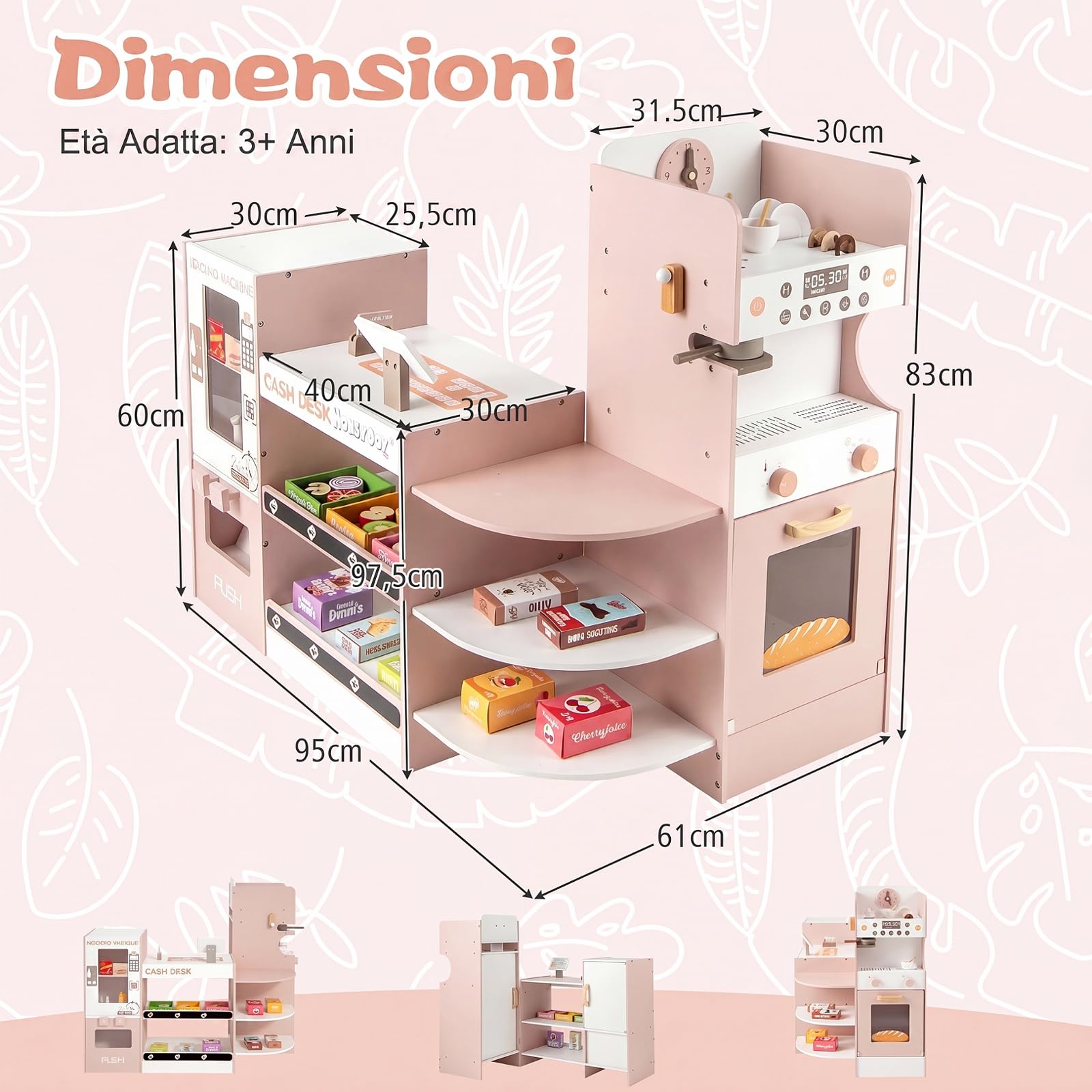 COSTWAY Mercato Giocattolo per Bambini, Negozio Giocattolo in Legno (Rosa) | con Cassa, Macchina Caffè e Distributore Automatico, Banco Mercato Giocattolo con Scaffali e 30 Accessori, per Bambini 3+ Ann