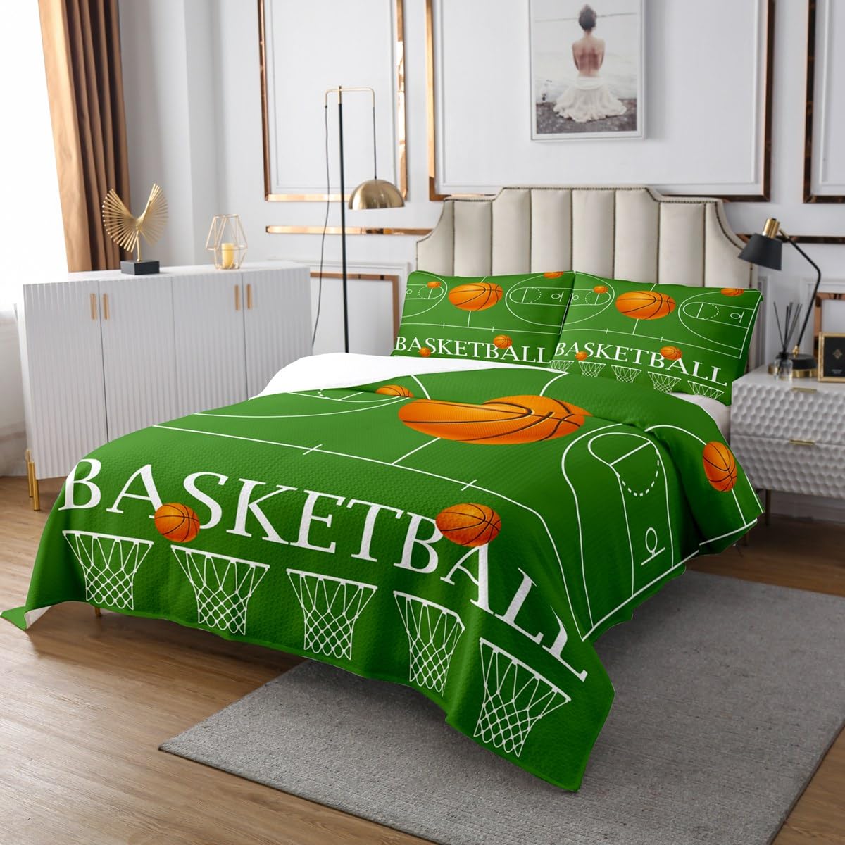 Kołdra do gry w koszykówkę, rozmiar L, zielona, koszykówka, Court Hoop, pomarańczowa, zestaw z 2 poszewkami na poduszki, dla chłopców, piłka sportowa, nowoczesny zestaw dla dzieci