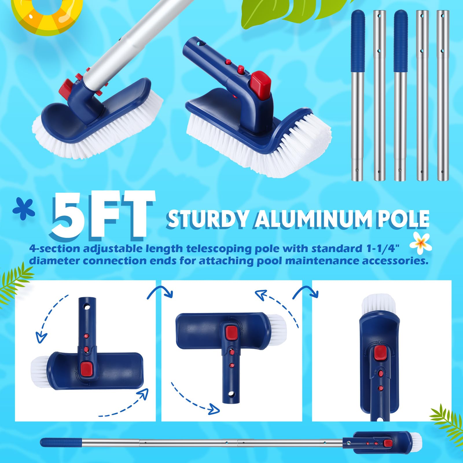 FillTouch Kit de limpieza de piscina de 7 piezas, cepillo de piscina con poste ajustable de aluminio de 5 pies para limpiar las paredes de la piscina, kit de limpieza ideal para piscina sobre el suelo