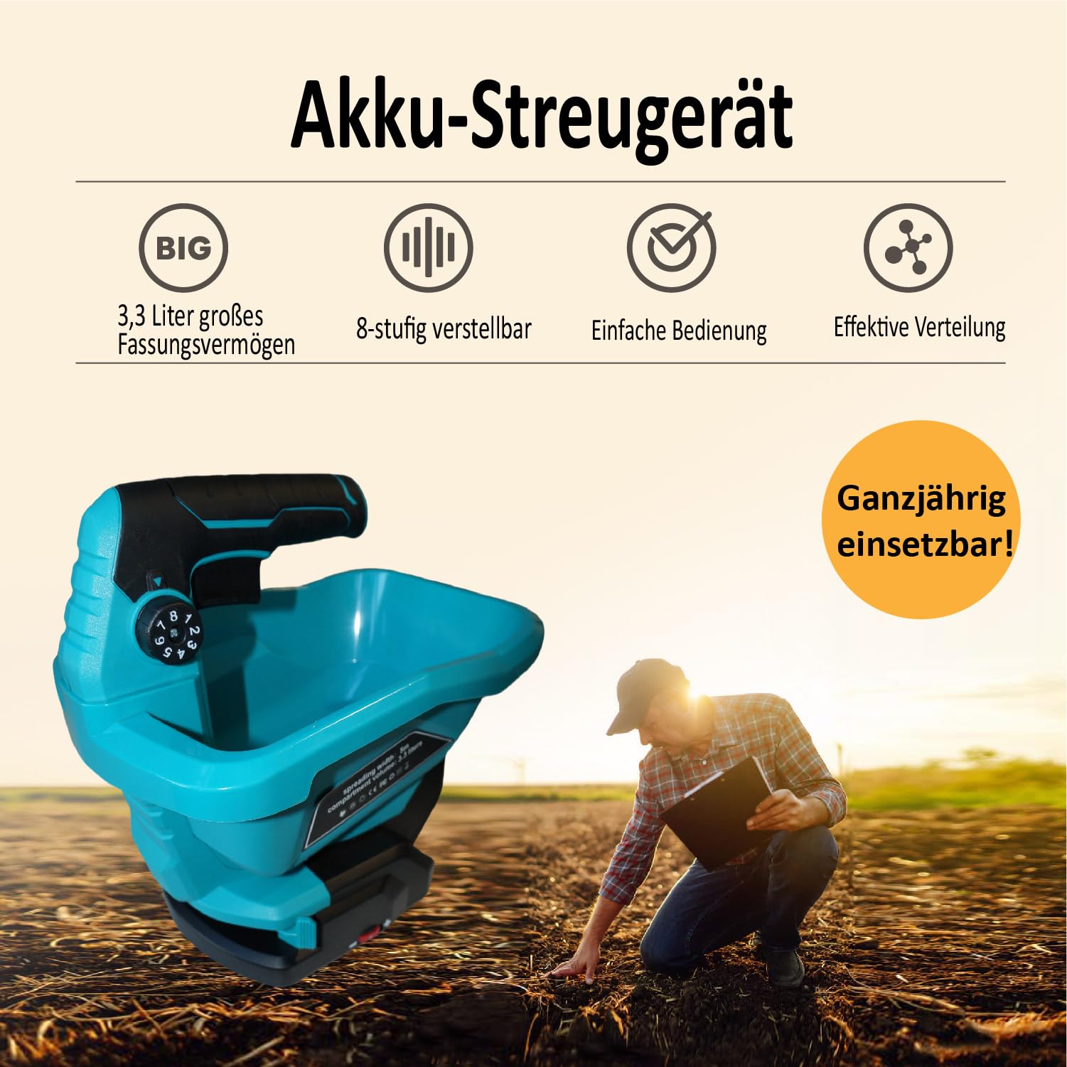 Kurflo Kabelloser Saatgutverteiler, Akku Streugerät, Elektrischer Streuer 3.3L, 8-stufig einstellbar, für Saatgut, Dünger, Streusalz, Sand, kompatibel mit Makita 18V Akkus, ohne Akku & Ladegerät