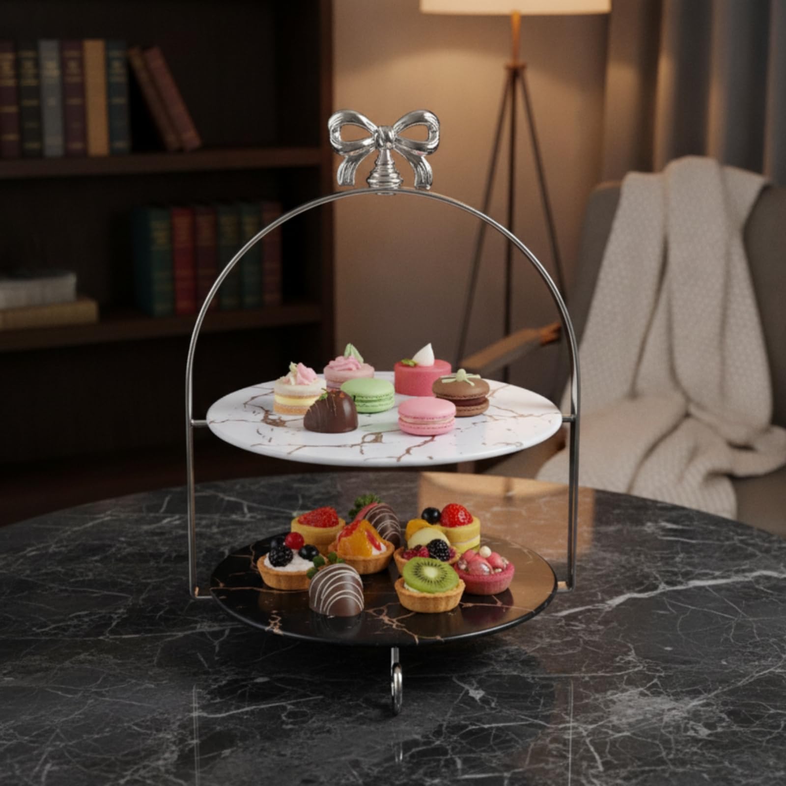 Présentoir à Dessert avec Poignée Papillon Argenté Présentoir à Gâteaux Vintage Support à Pâtisserie pour Anniversaire , 21 Cm , 9909-1G Doré, Deux Étages, Motif Papillon