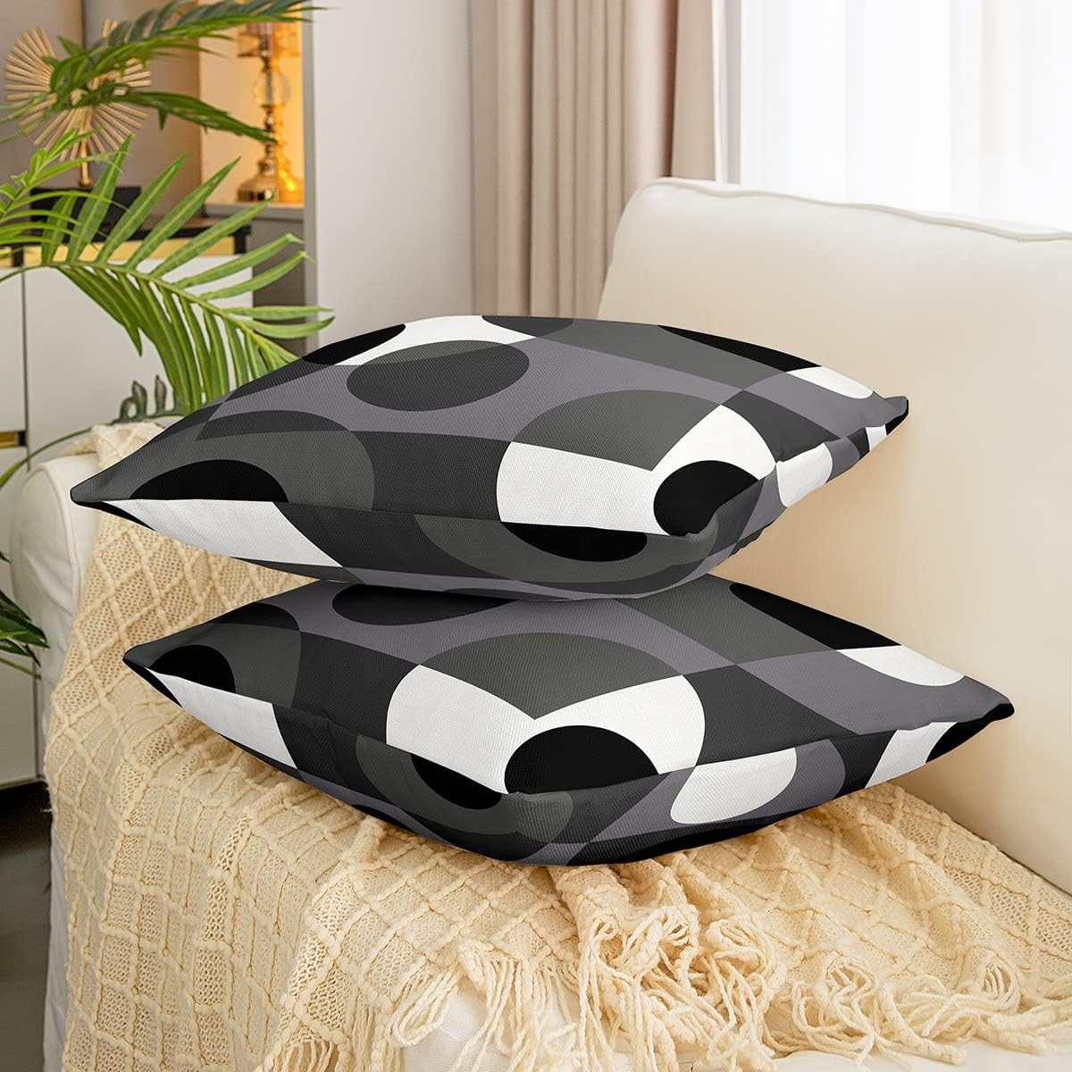Erosebridal Set of 2 Grey Throw Pillow Covers Circle Pillow Covers 24x24,Abstract Swirls Lines Stripes Cushion Covers Retro Grommet Patchwork Geometric Rustic Modern Circle Urban Art,Black White