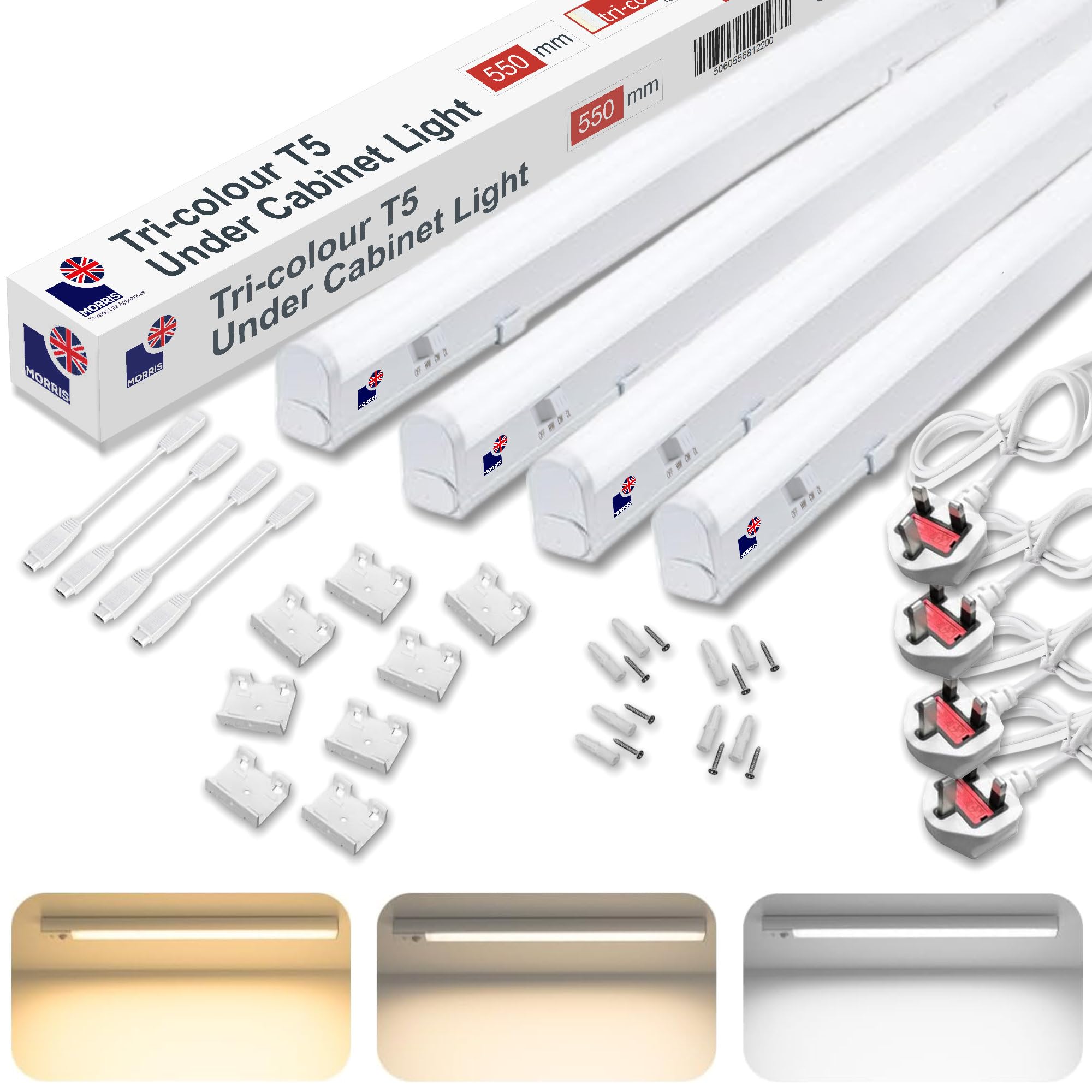 Morris LED Under Cabinet Light Linkable 3 Colours in 1 3000k/4000k/6500k Kitchen Light - UK Plug Included - 288mm, 550mm, 850mm,1150mm (550mm, 4 Pack)