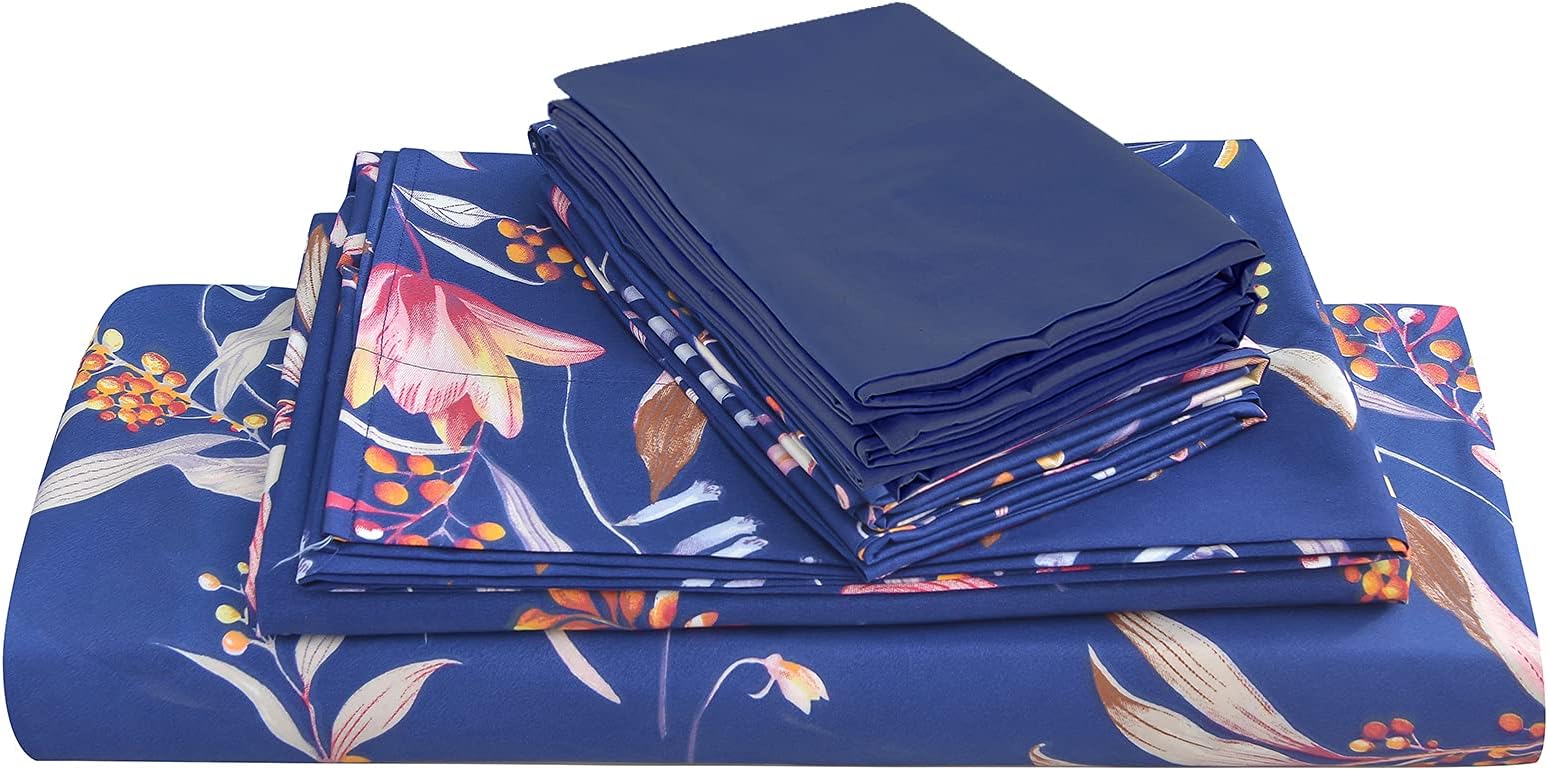 JSD Navy Blue Floral Printed Sheet Set Queen 6 Piece, Soft Microfiber Botanical Pattern Bed Sheets Extra Deep Pocket