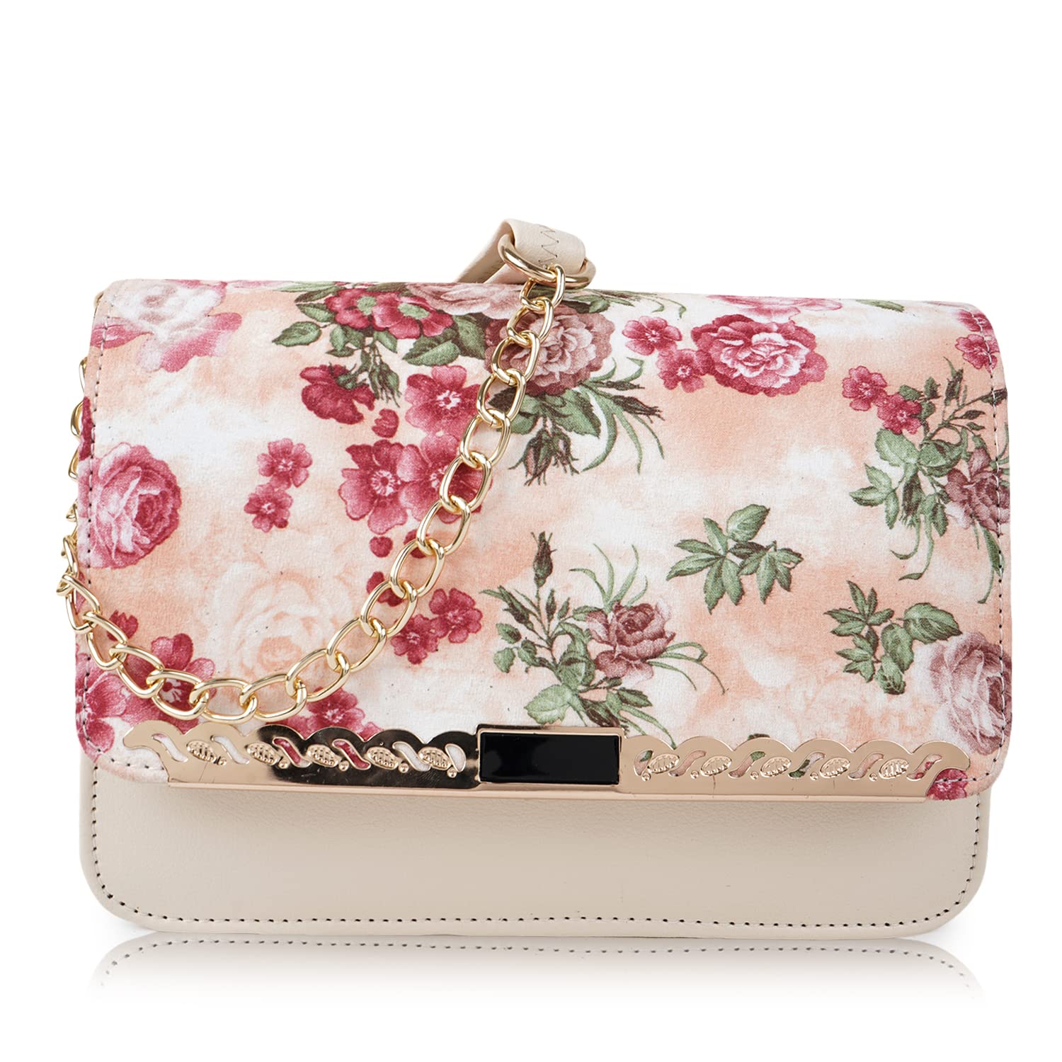 synthetic leather elegant floral printed classy design trendy flap closure daytrip crossbody gold chain strap shoulder women slingbag