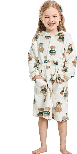 XINNE Toddler Robes Cute Pattern Bathrobe Unisex Kids Robe Baby Flannel Hoodie Pajamas Sleepwear