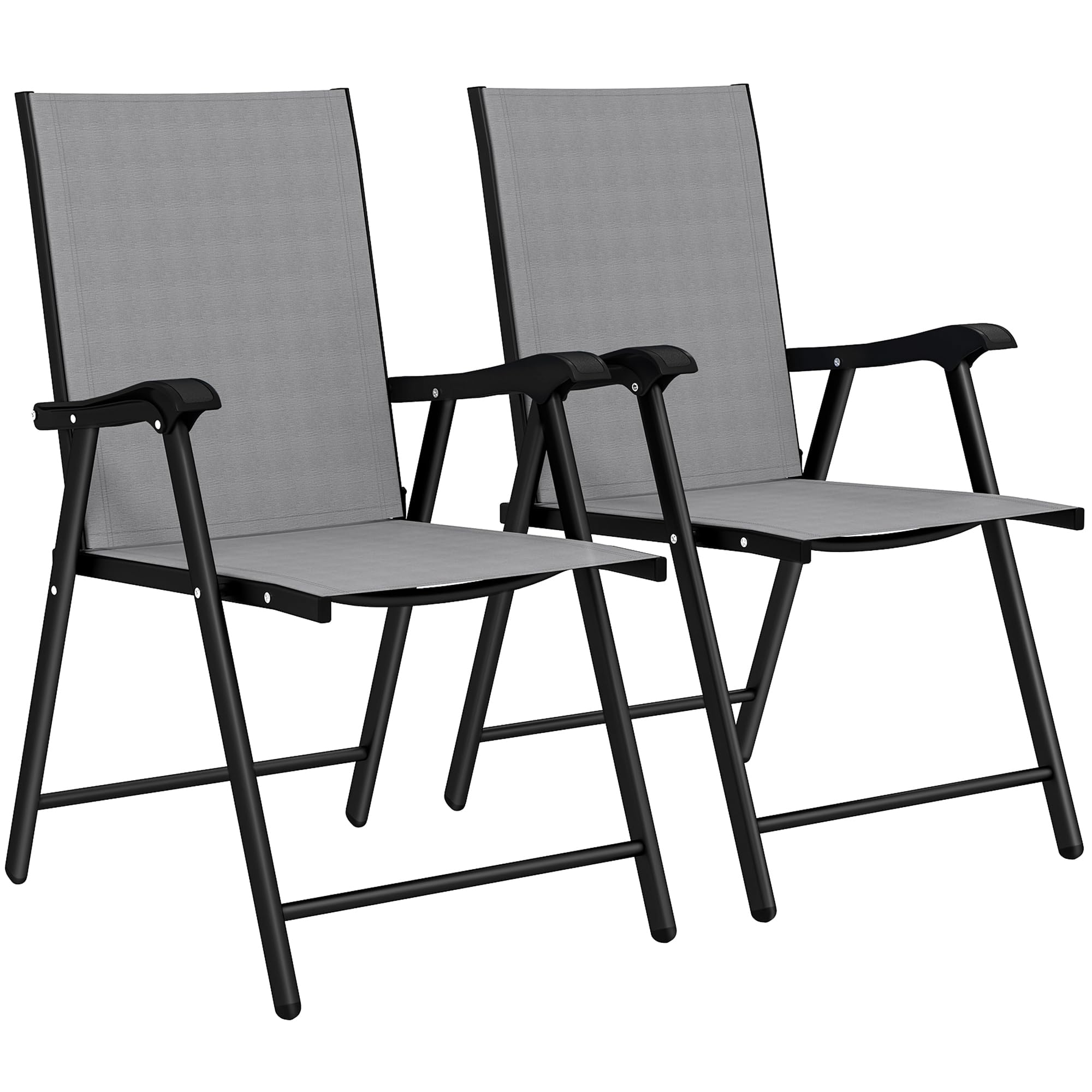 Outsunny Set di 2 Sedie da Giardino Pieghevoli, Sedie da Pranzo per Esterni con Schienale Alto e Braccioli, Tessuto Traspirante Texteline e Telaio in Acciaio per Terrazzo e Balcone, Grigio Chiaro