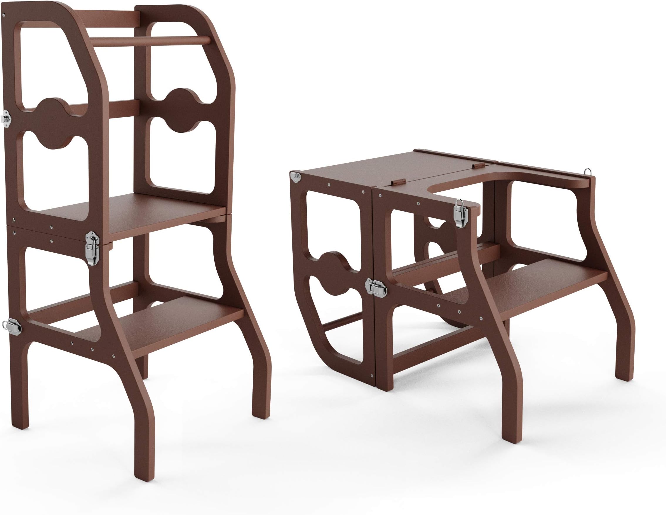 Kitchen Step Stool & Desk for Toddlers - Easy Folding Design Turns Helper Tower for Kitchen Counter Into Table & Chair Set for Little Kids - Learning Montessori by ComfyBumpy (Brown)