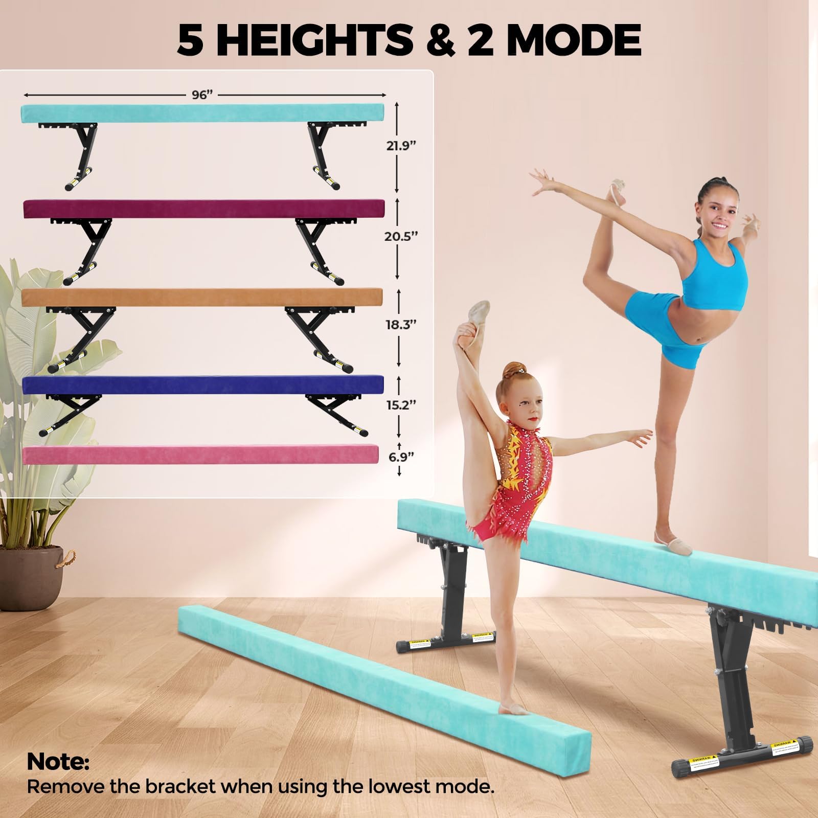 Poutre Gymnastique Enfant 244cm avec 5 Hauteurs Réglables, Niveau Haut et Bas, Poutre d'entraînement Gymnastique Equipement de Gymnastique pour Débutants et Gymnastes Professionnels avec Jambe