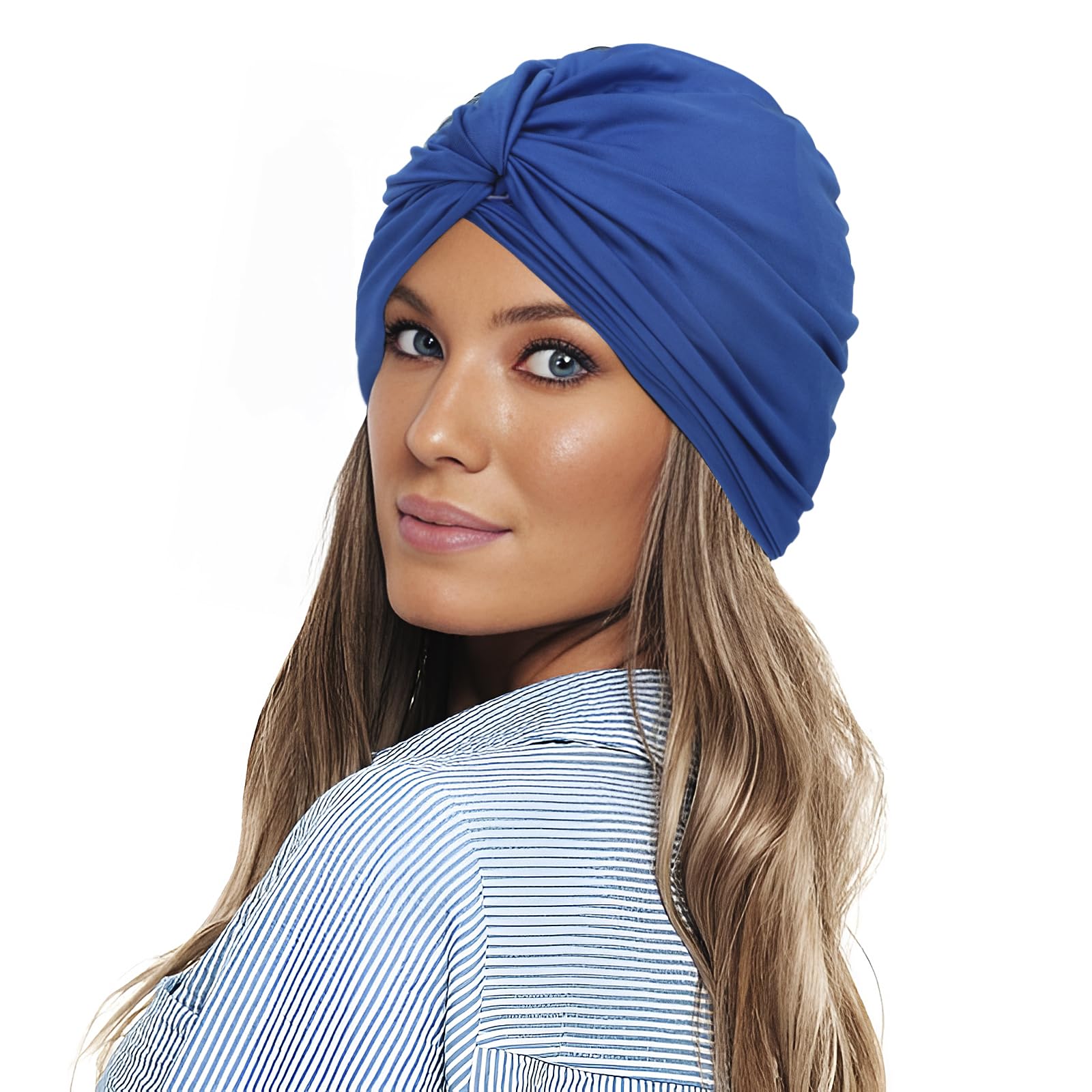 Women Swimming Cap Elastic Cloth Fabric Swim Shower Cap Non-Waterproof Pool Beach Surfing Bathing Beanie Hat Knotted Turban Chemo Night Sleep Hat Headwear Head Wrap for Long Short Hair Ears Protection