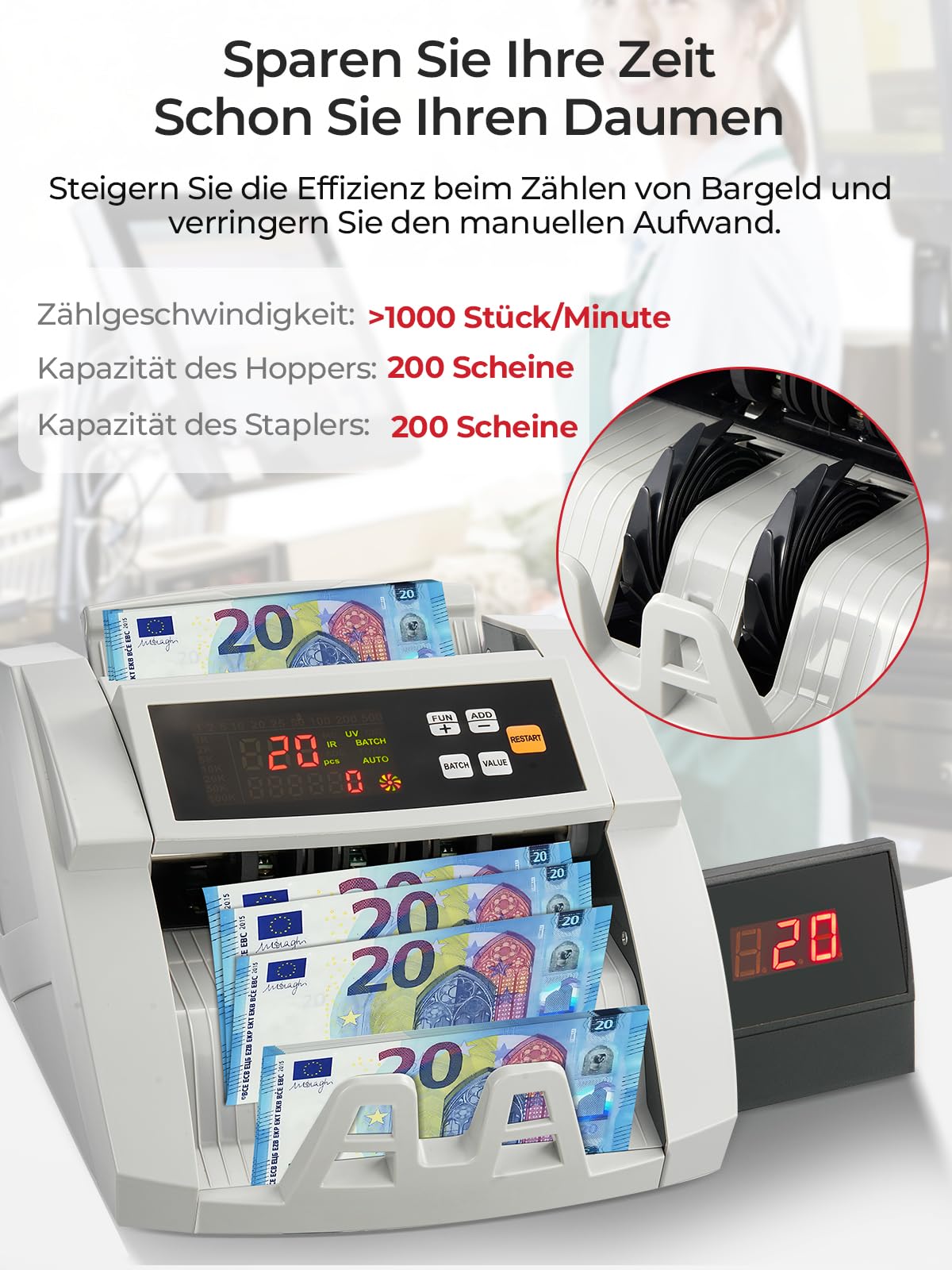 FOHERE Geldzählmaschine, Professioneller Geldzähler mit UV/MG/IR/DD Fälschungserkennung, 1100 Banknoten/Minute, LCD-Display, Wert- und Batch-Modus für Geschäfte, Banken und Restaurants