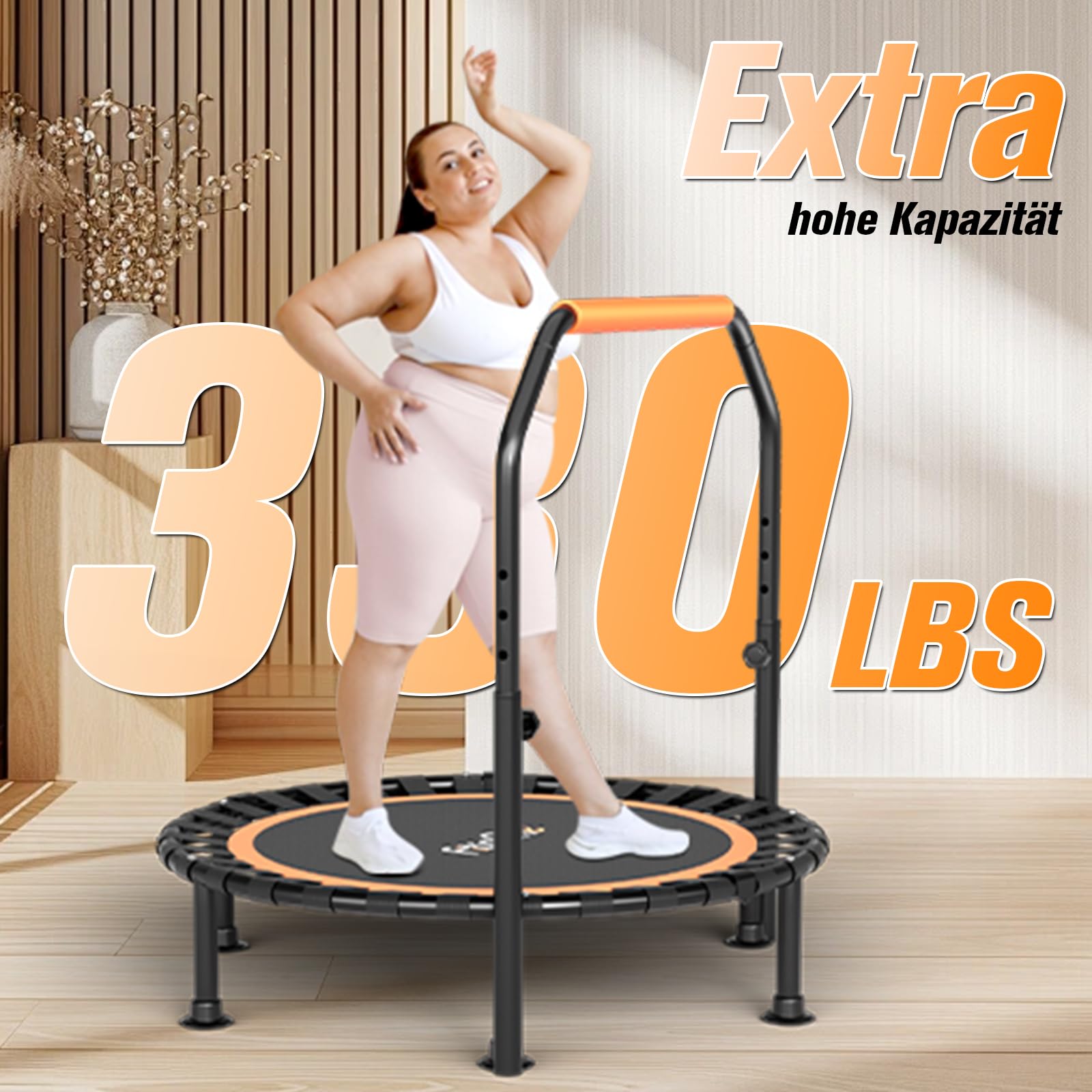 FitinOne Mini Trampoline Pliable de Charge de 204 kg, Trampoline d'exercice Portable avec poignée en Mousse réglable, Trampoline de Fitness pour Adultes et Enfants