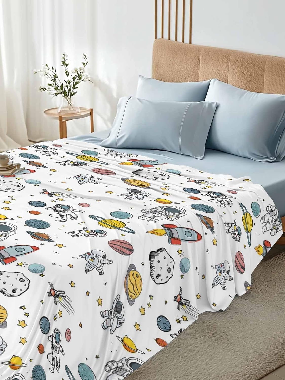 Full Flat Sheet, Cartoon Space Full Bed Sheets Only, Soft Microfiber Flat Sheet, Funny Cute Rocket Planet Hotel Quality Bedding Top Sheet Bedroom Home Dorm Decor