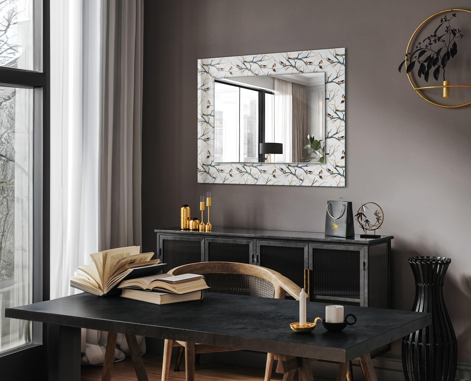 Kompaktowe prostokątne lustro 80 x 60 cm (31,5 cala x 23,6 cala) | Krawędź ze szkła z nadrukiem do funkcjonalnej dekoracji ścian - ptaki na gałęziach