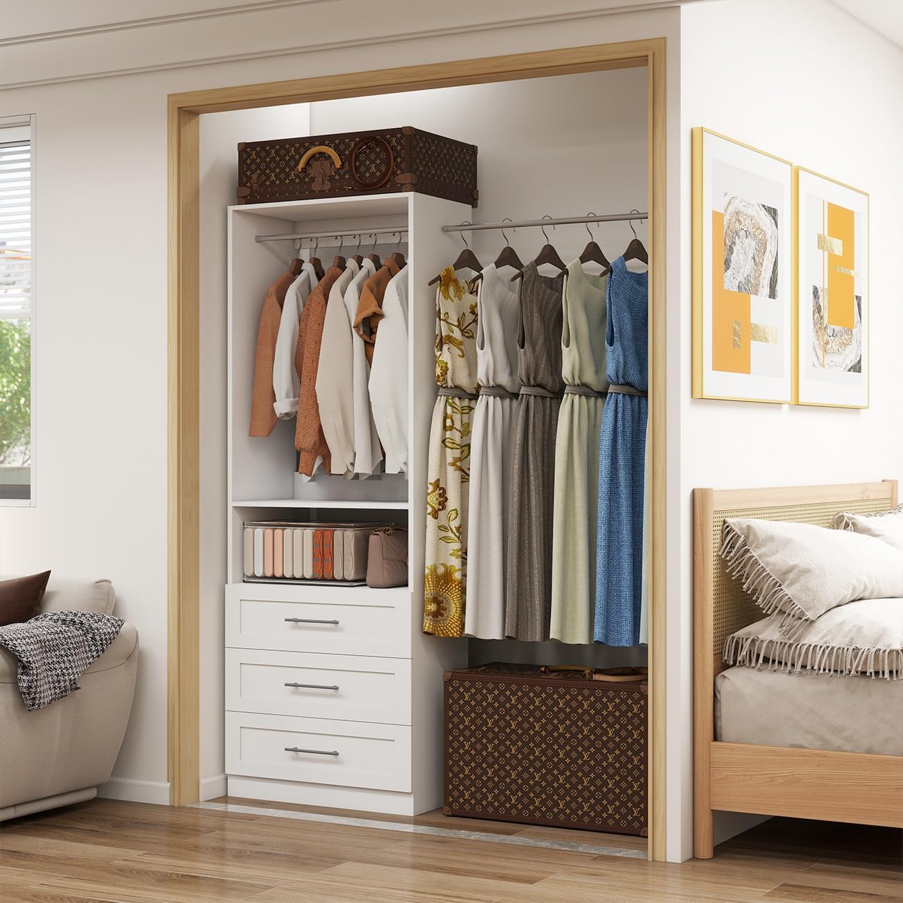 Closet System with Drawers, 2FT Wood Closet Organizer System Walk-in Closet Standalone Corner Closets
