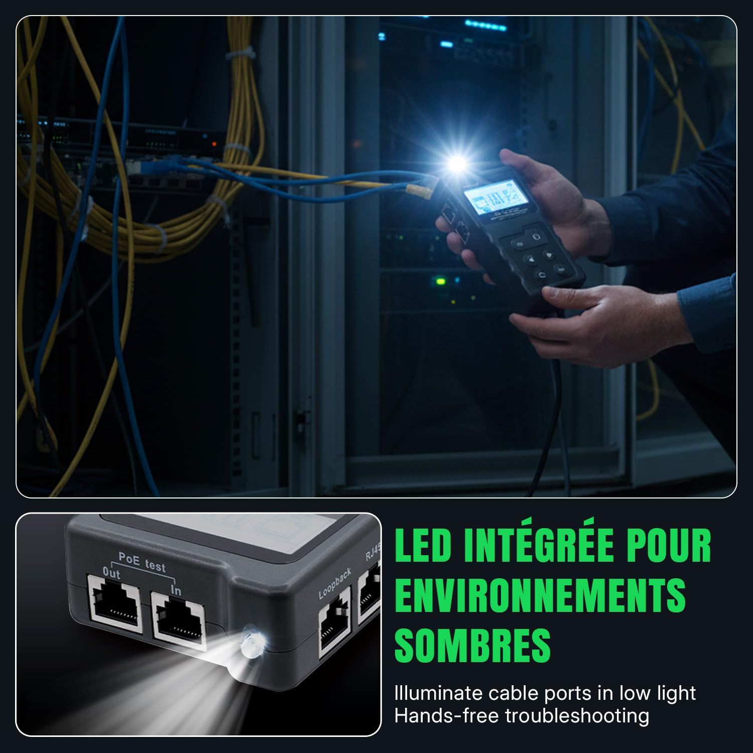 Testeur de réseau avec PoE, RJ45 - Avec écran LCD - Pour câble réseau Cat5/Cat6 - Test de tension et de courant